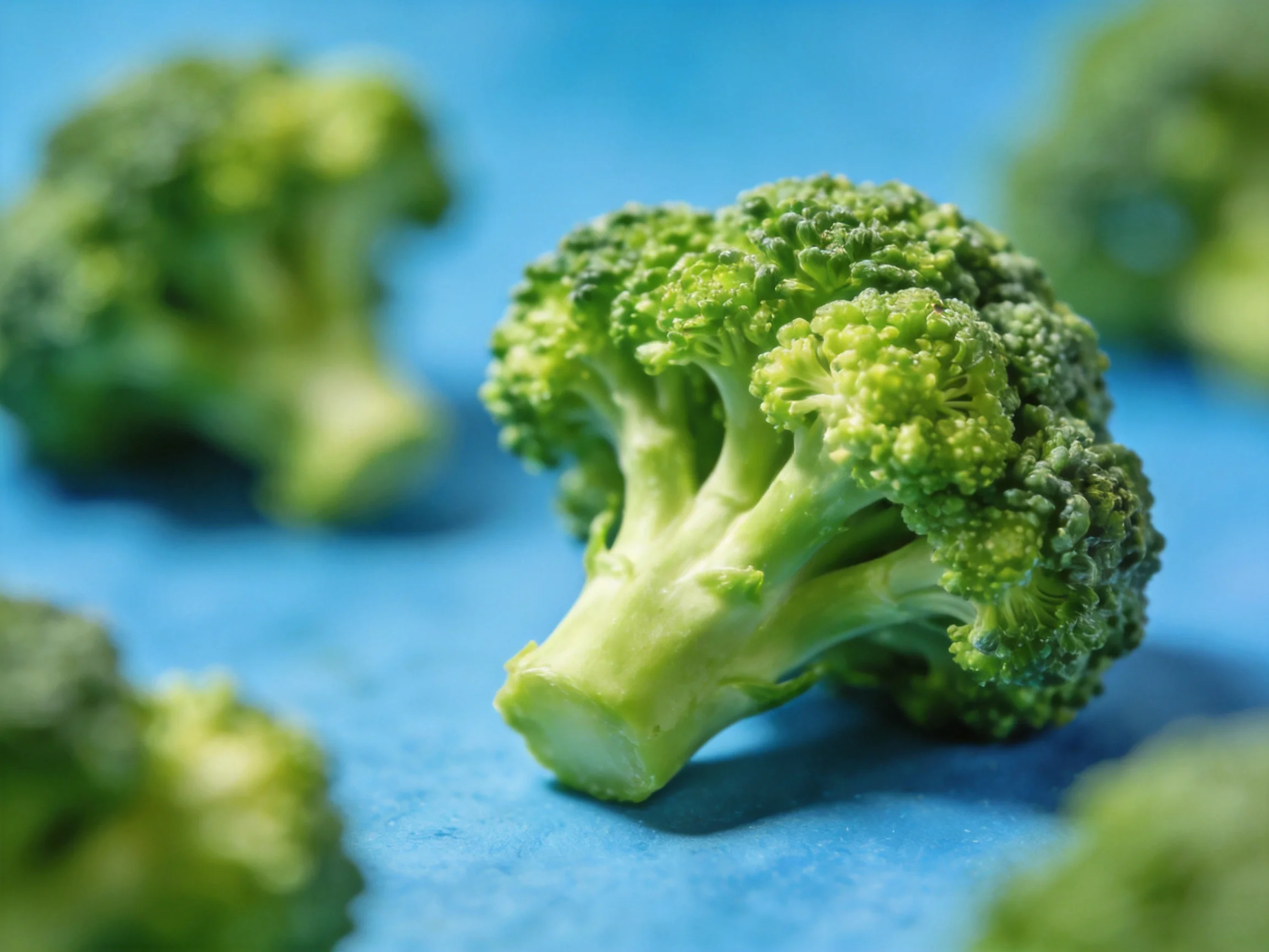 Fresh green broccoli florets displayed on a bright blue surface