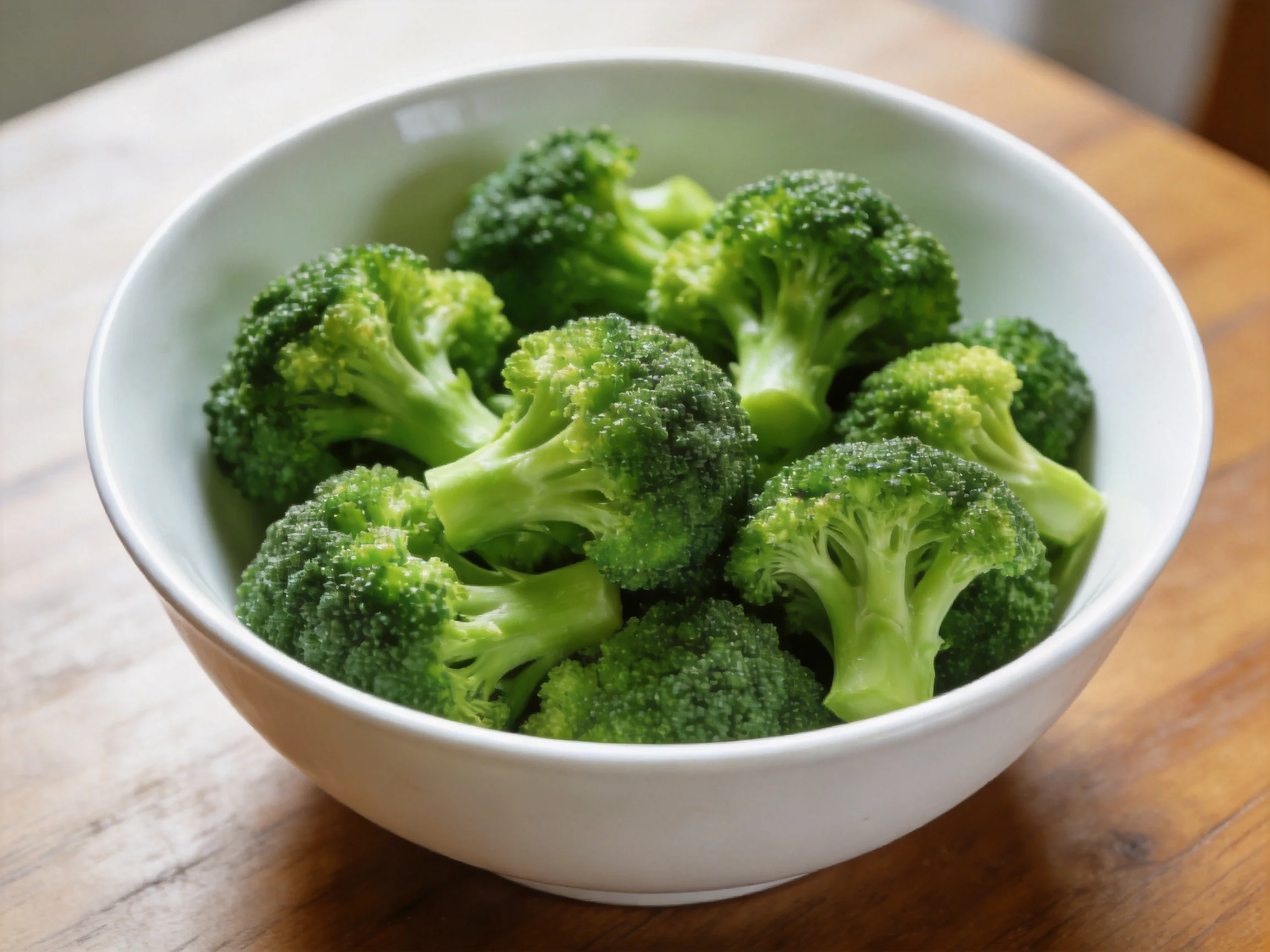 Fresh green broccoli florets in a white ceramic bowl