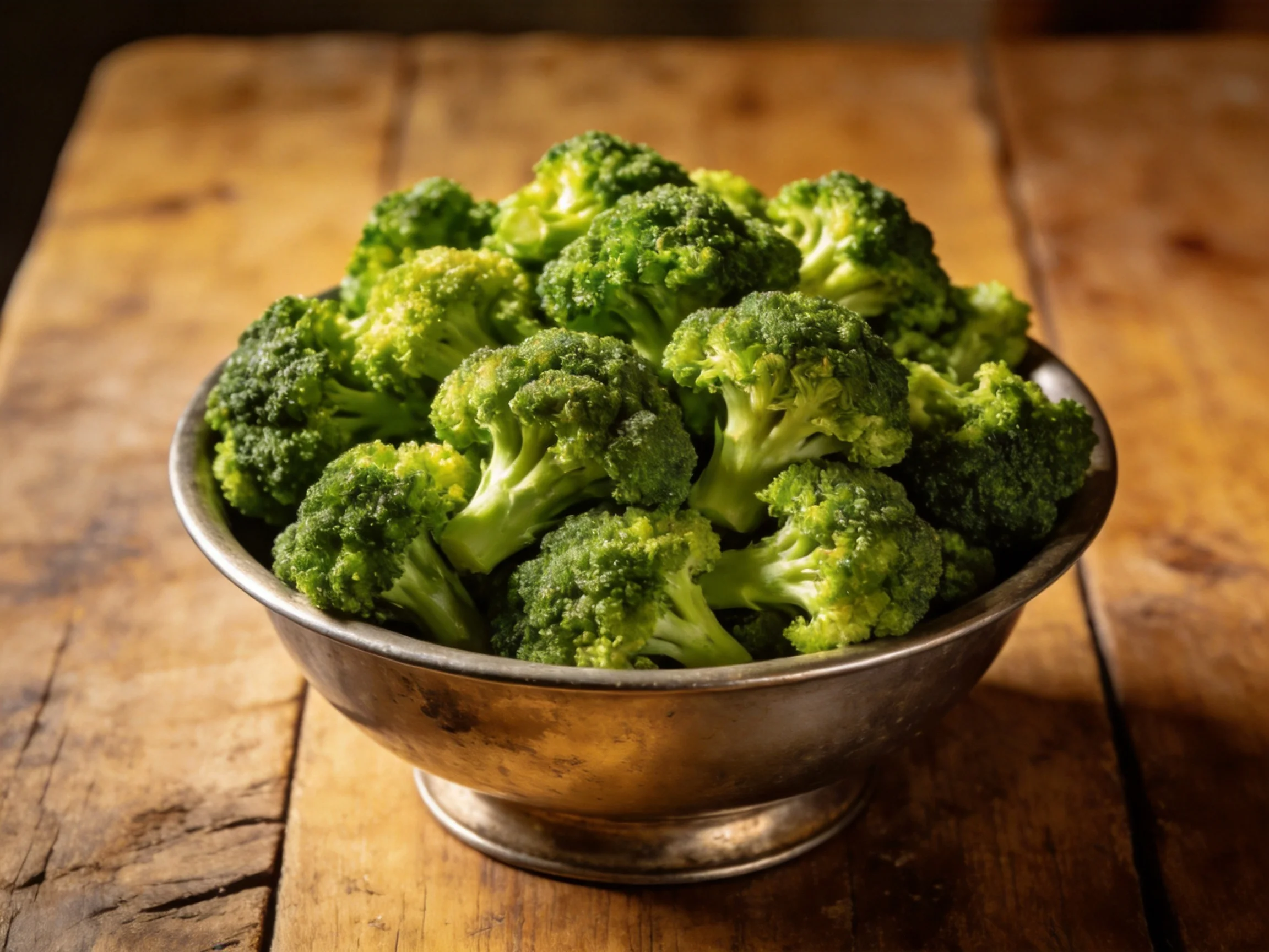 Fresh green broccoli florets in an aged metal bowl on rustic wooden surface