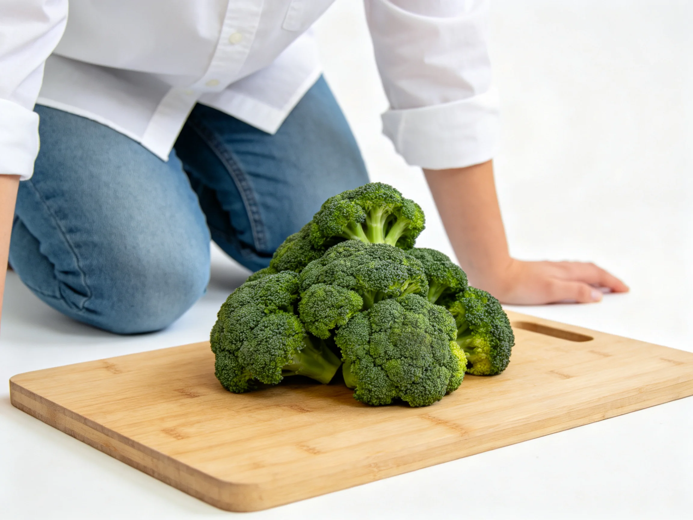 Fresh green broccoli florets on a wooden cutting board
