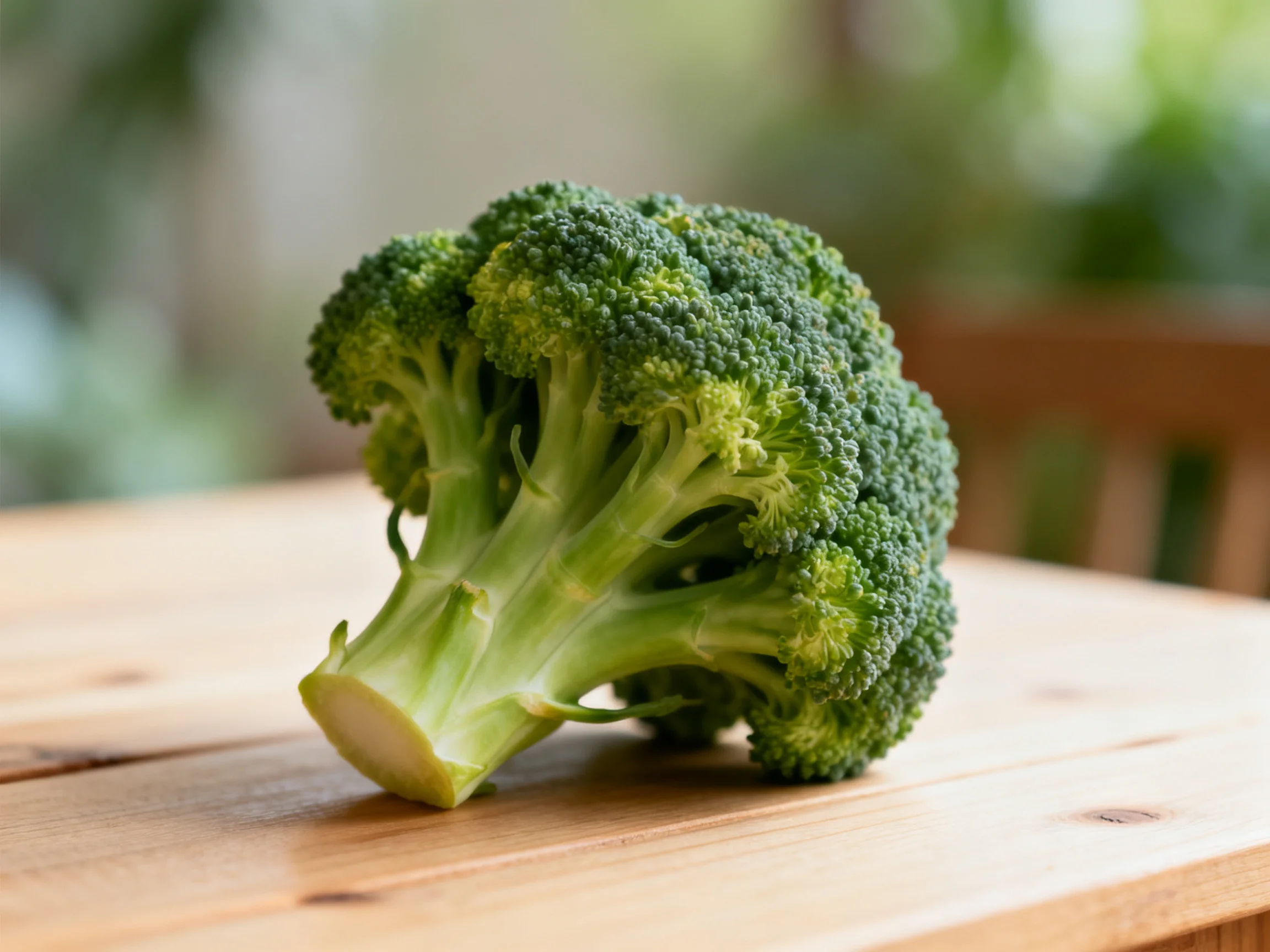 Fresh green broccoli florets placed on a smooth wooden table