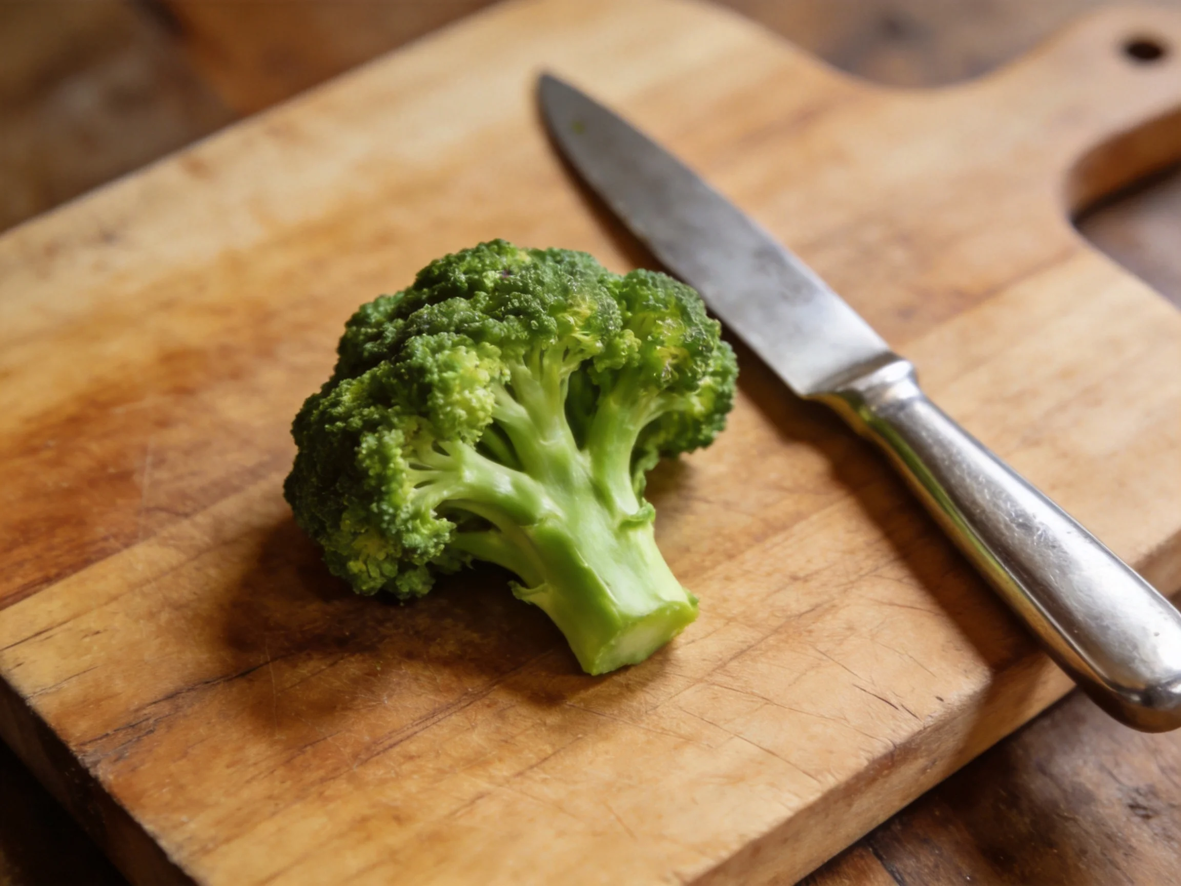 Fresh green broccoli florets rest beside a silver knife on a wooden cutting board