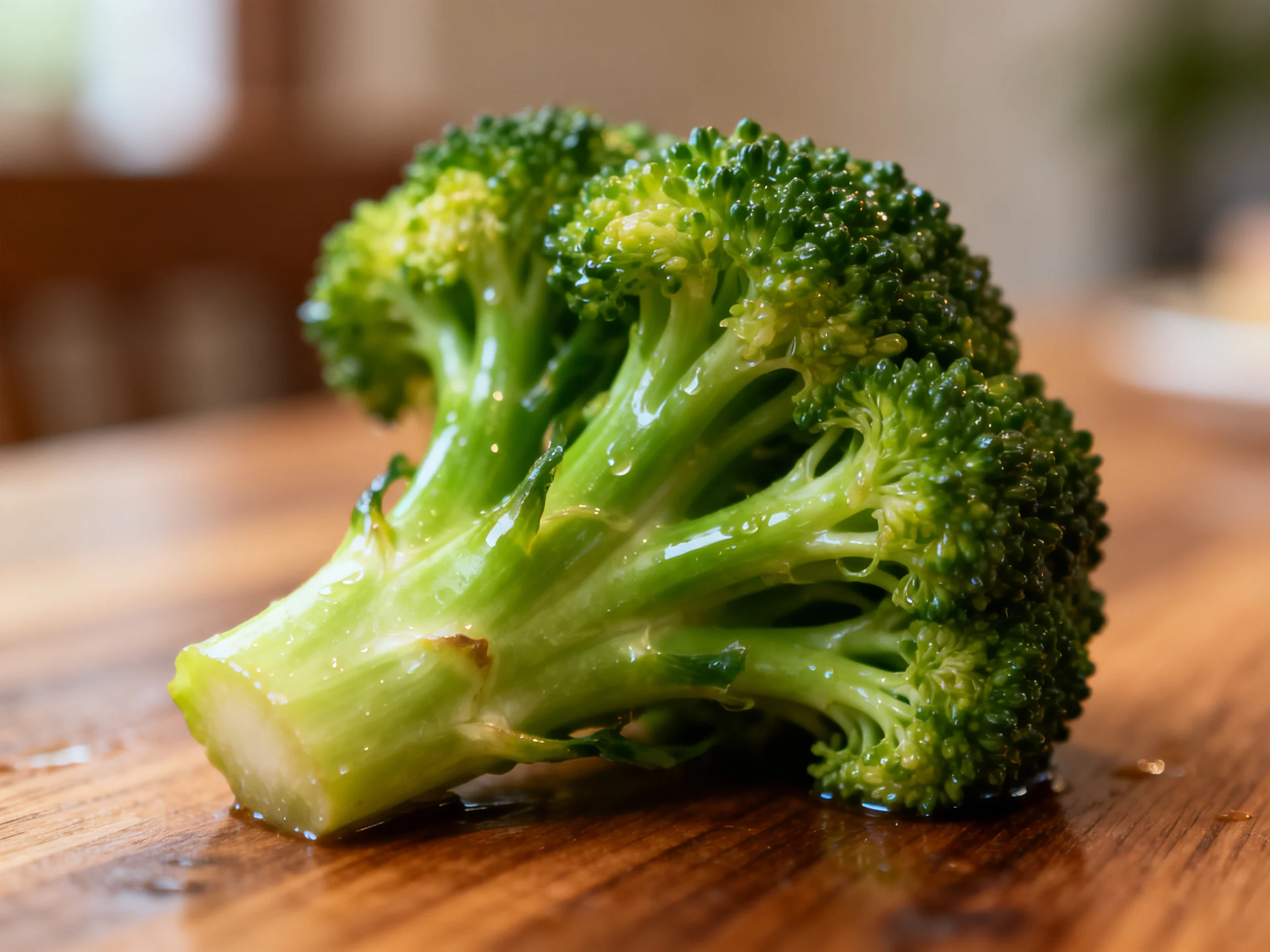 Fresh green broccoli florets rest on a polished wooden surface