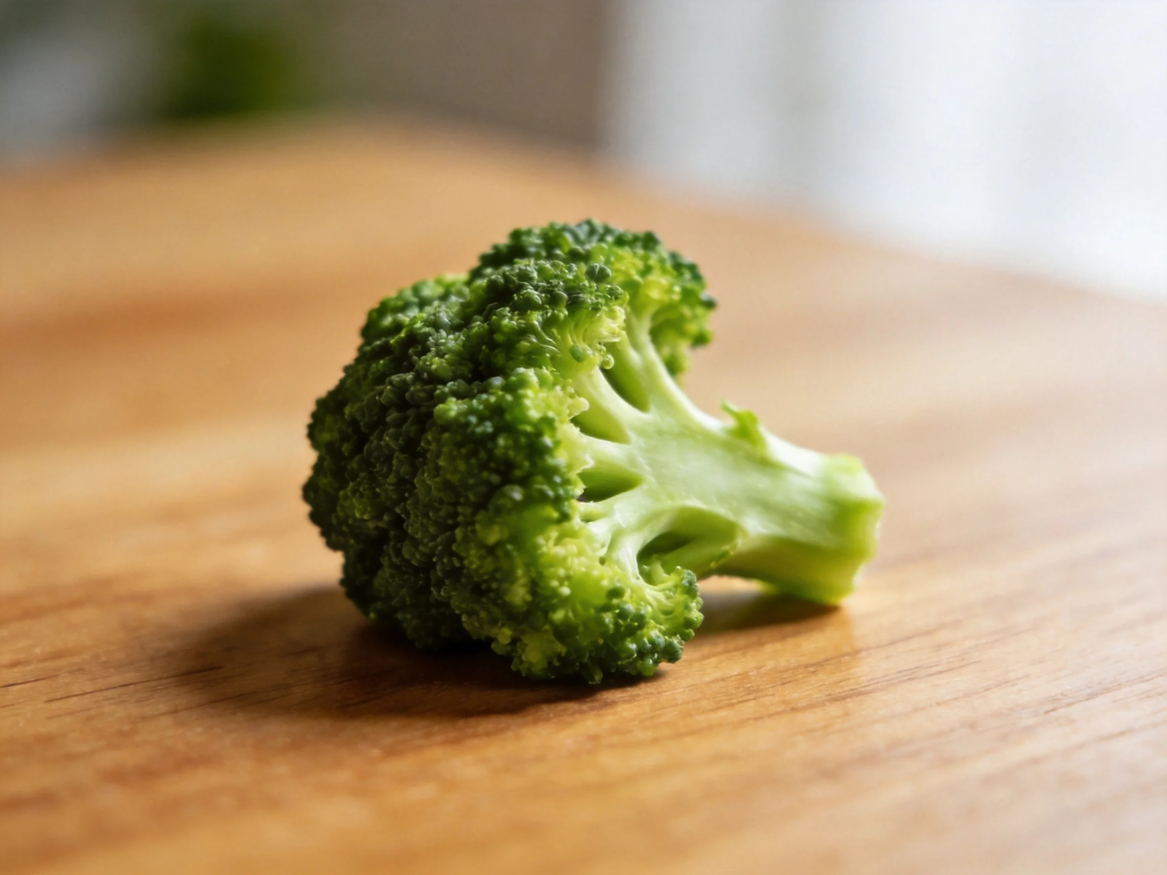 Fresh green broccoli florets resting on a smooth wooden surface