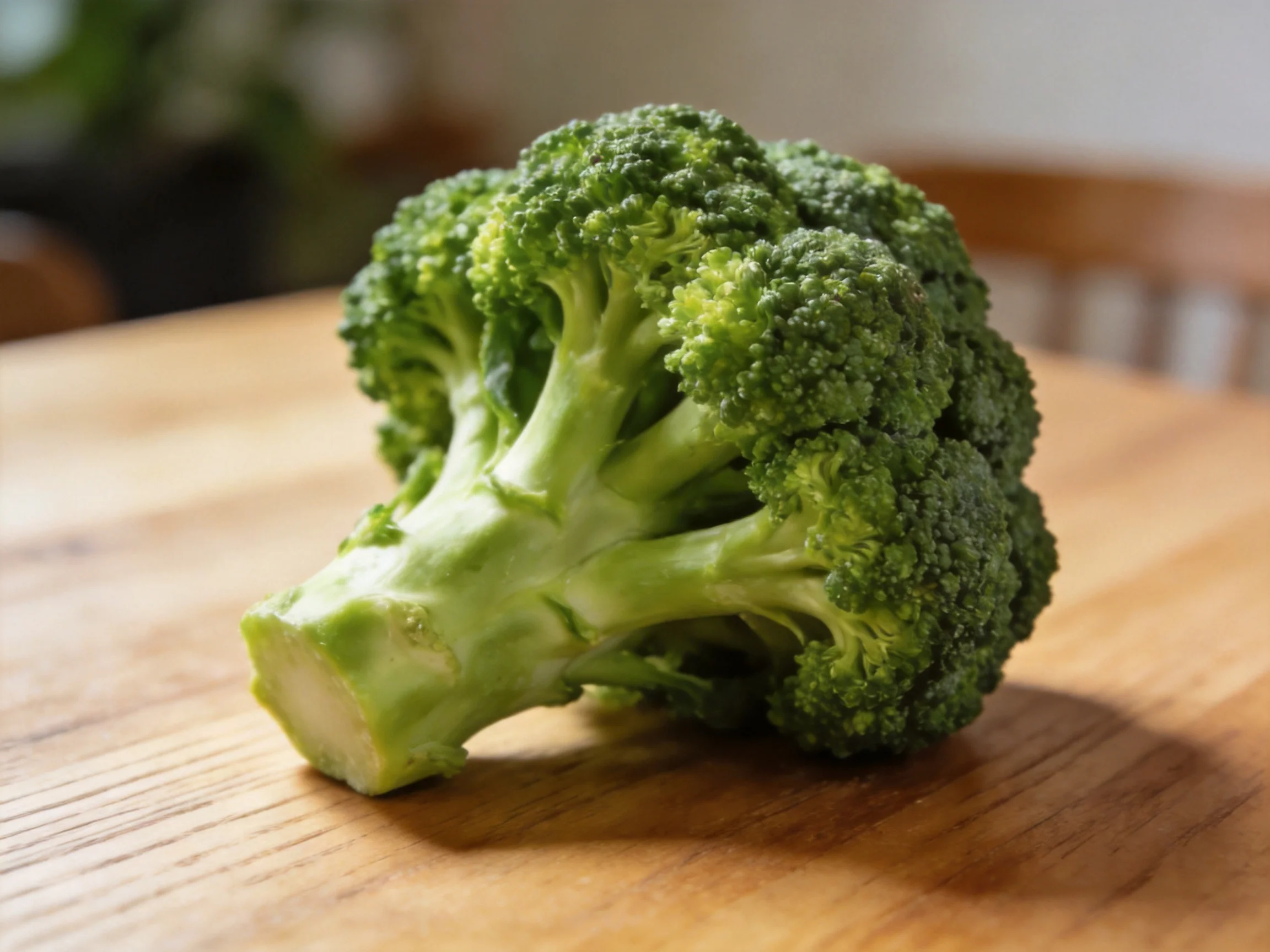 Fresh green broccoli florets sit on a polished wooden table