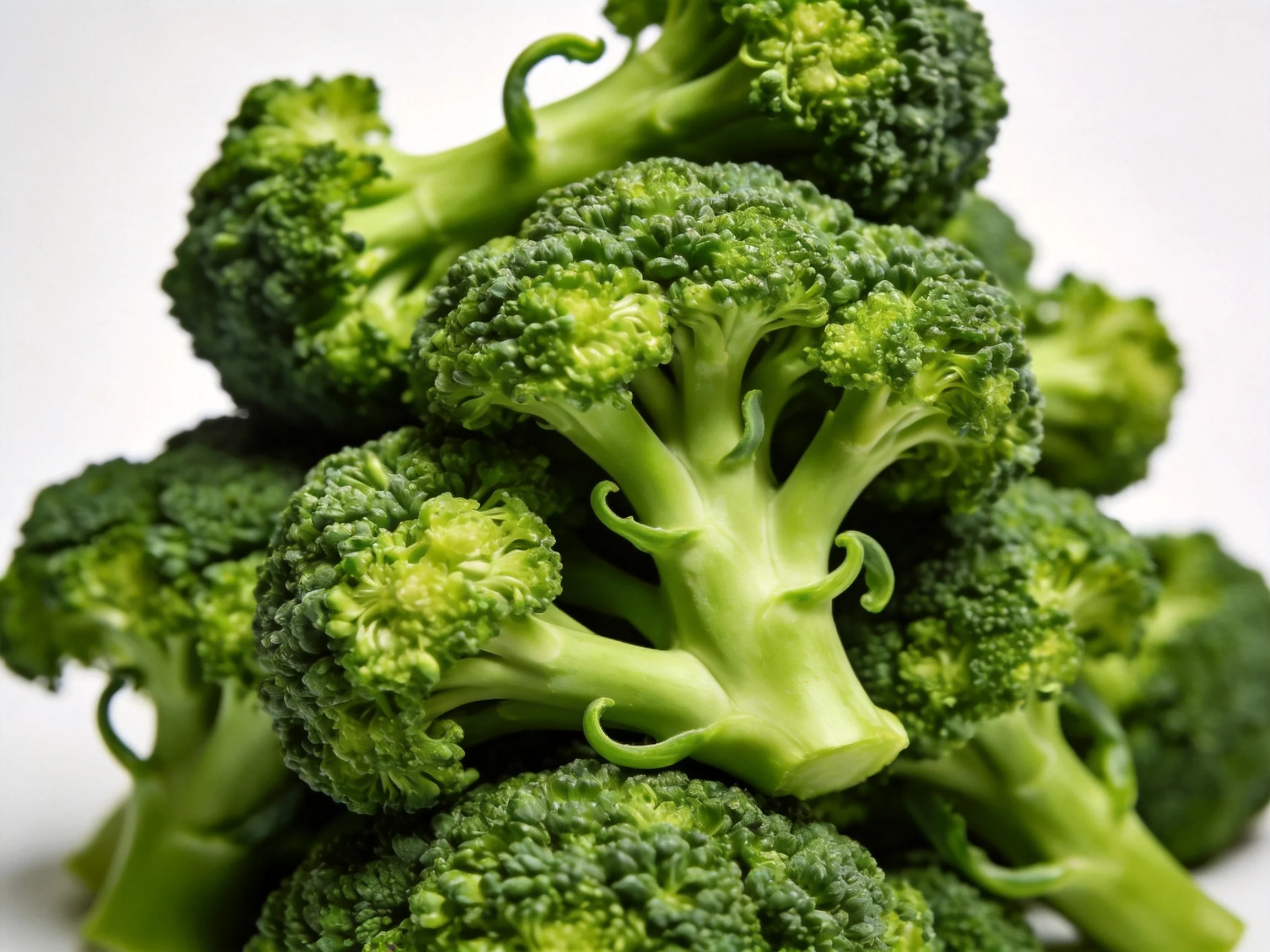 Fresh green broccoli florets stacked in a close - up view