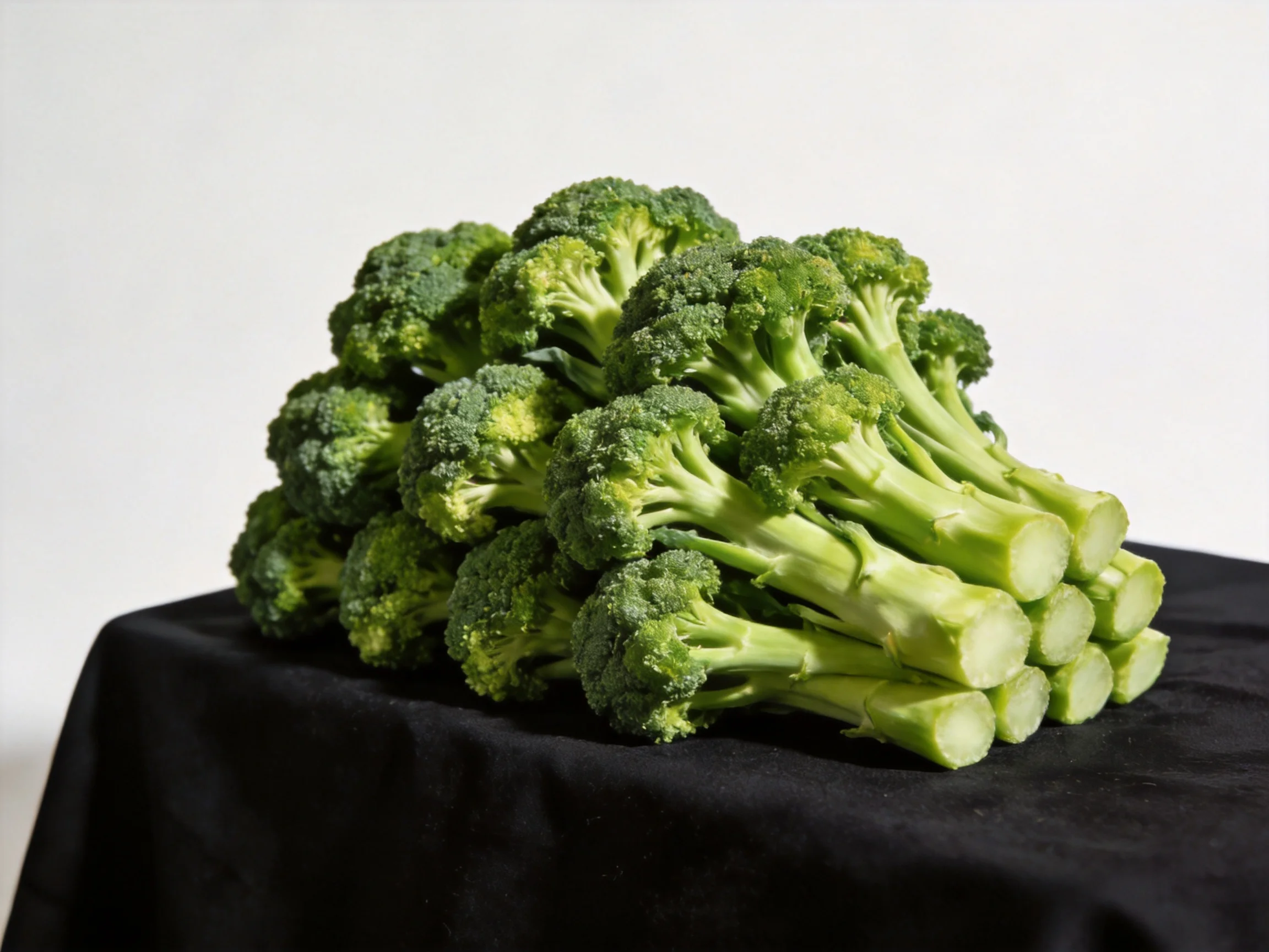 Fresh green broccoli florets stacked on a black cloth surface