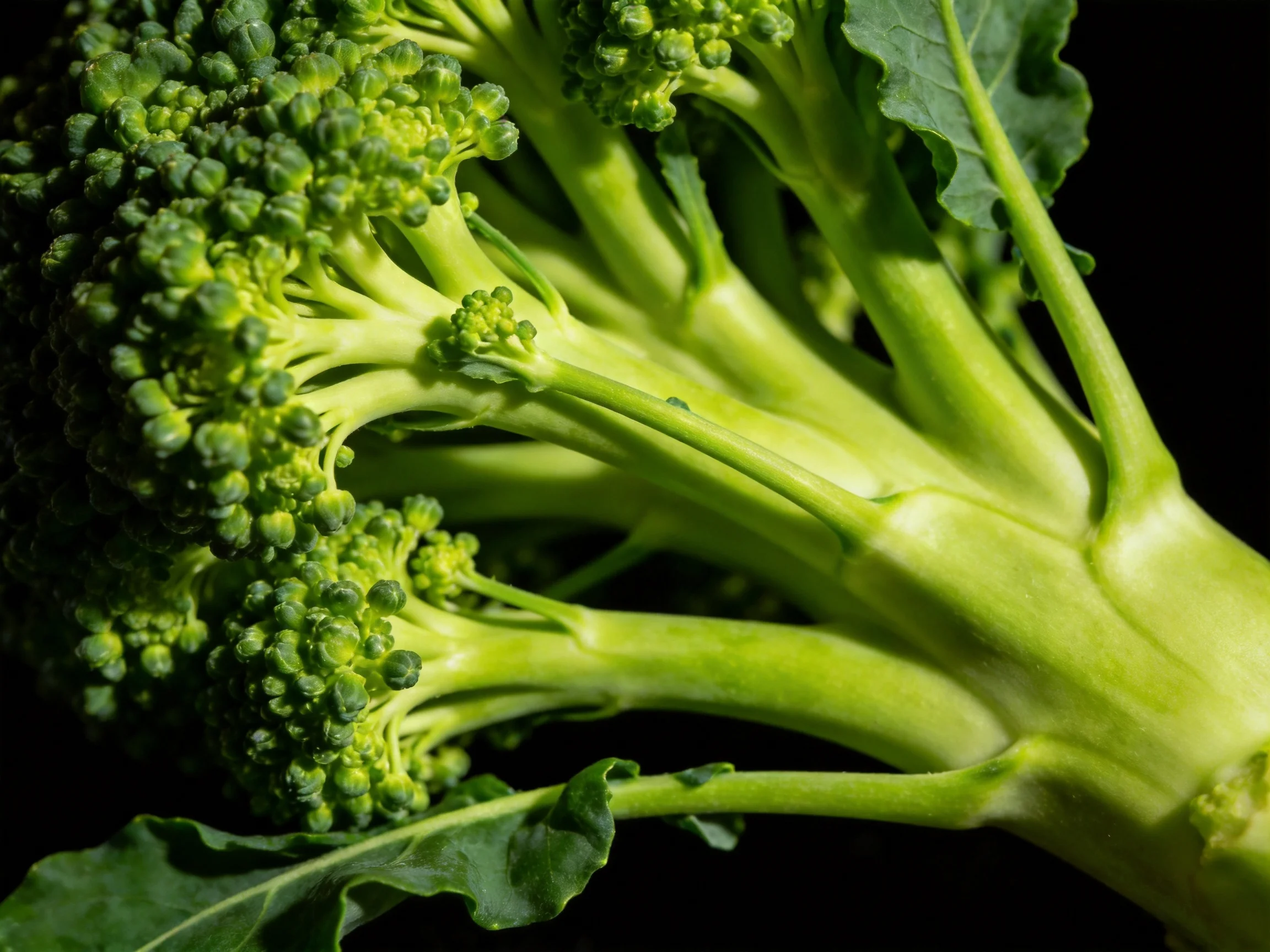 Fresh green broccoli florets with crisp stems against dark backdrop