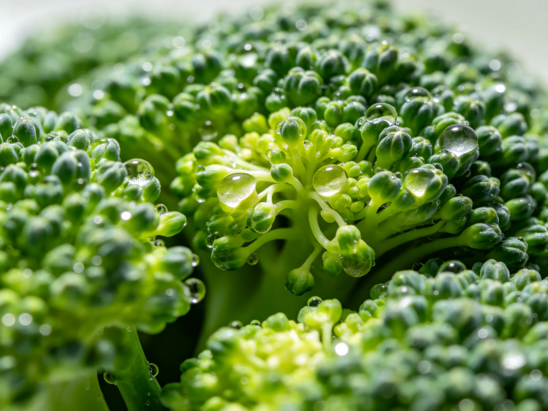 Fresh green broccoli florets with glistening dew drops