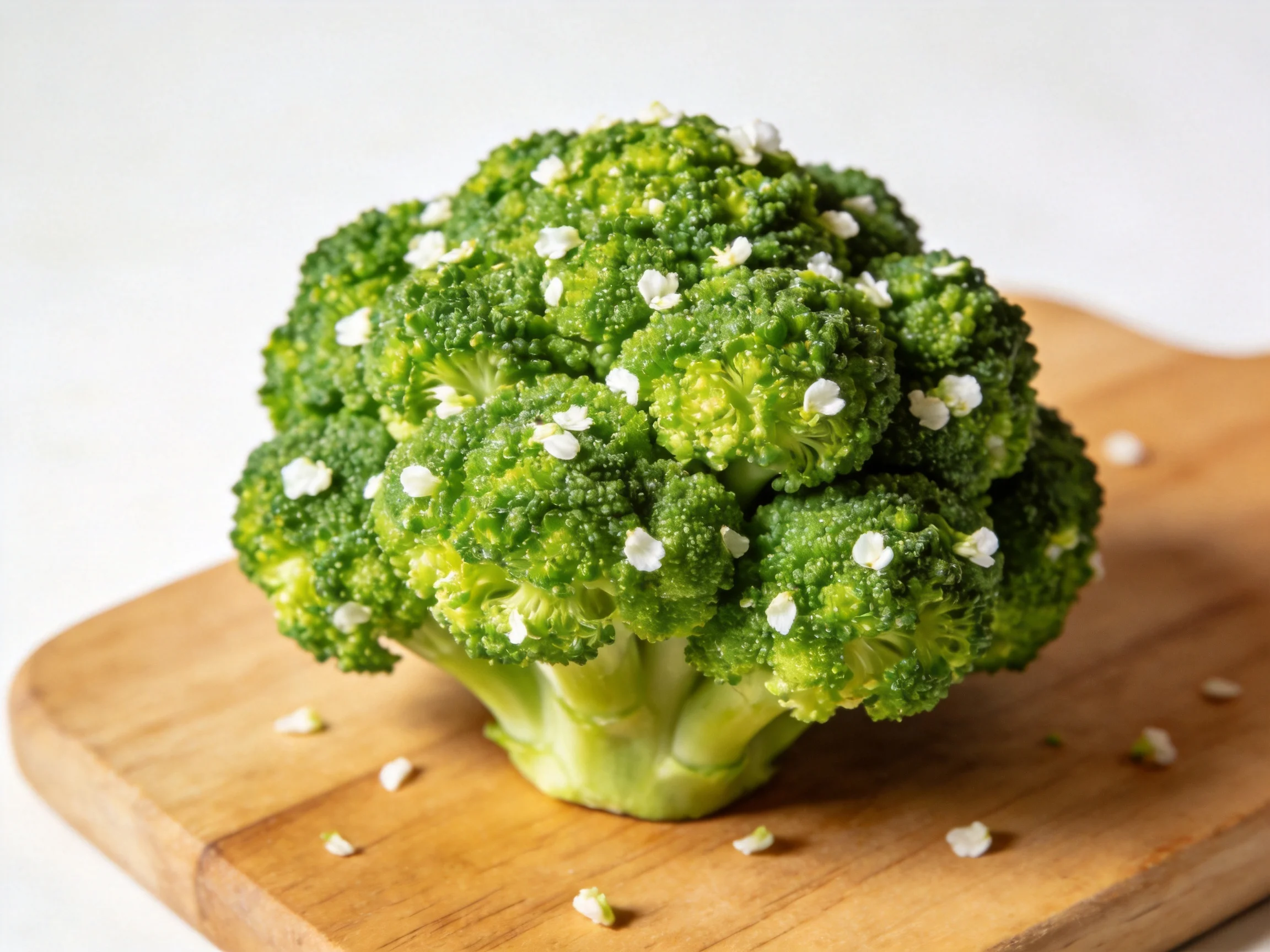 Fresh green broccoli florets with white seasoning on a wooden cutting board