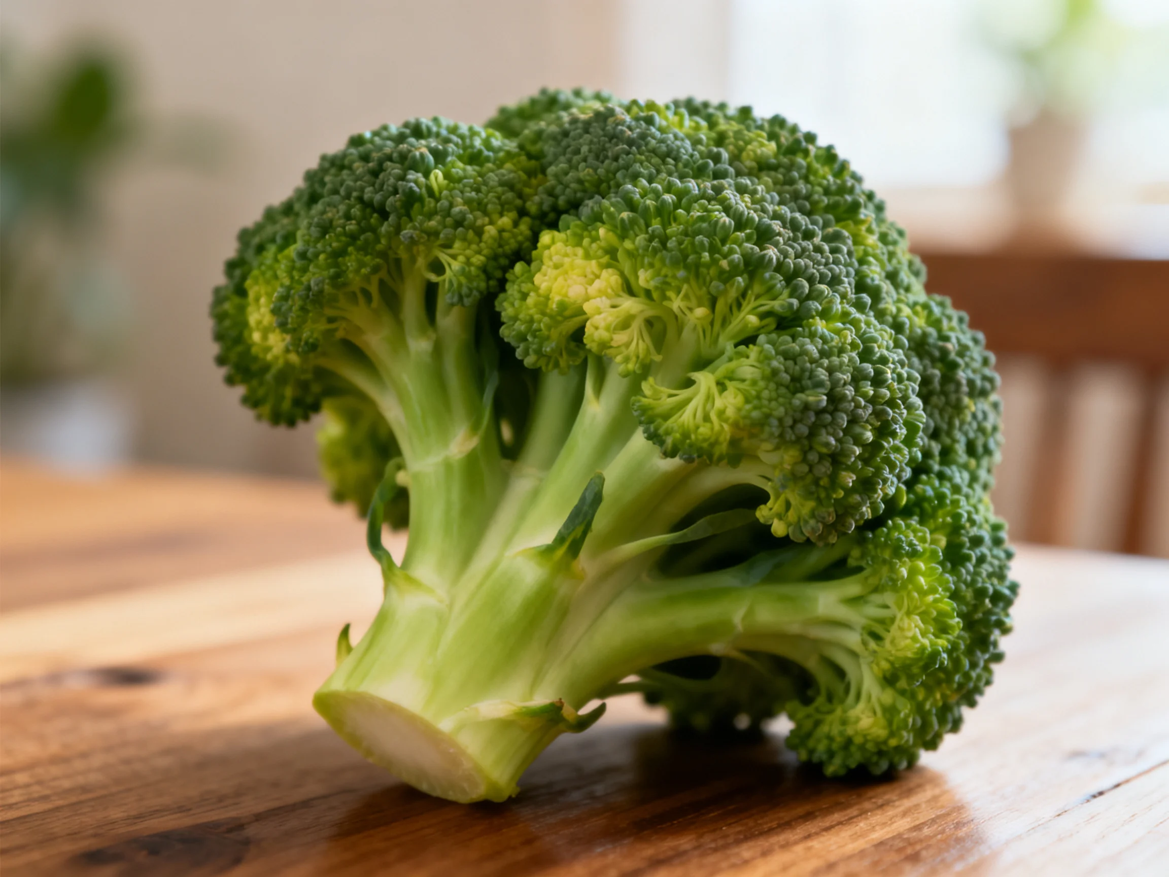 Fresh green broccoli head resting on a polished wooden surface