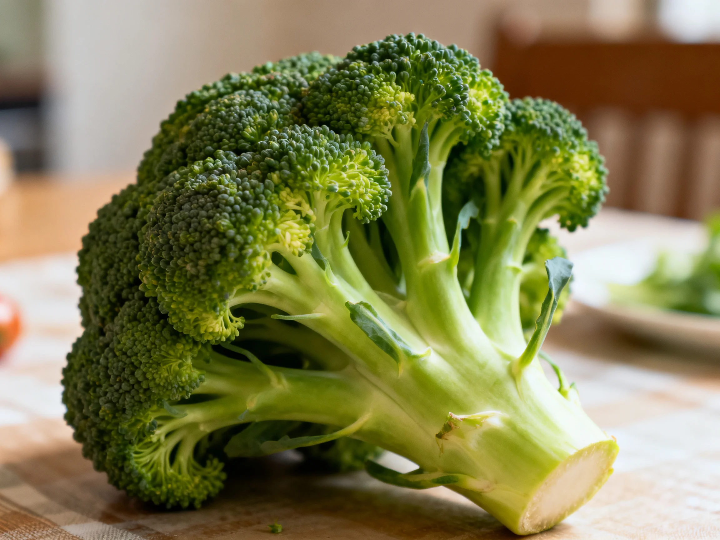Fresh green broccoli head resting on a wooden cutting board
