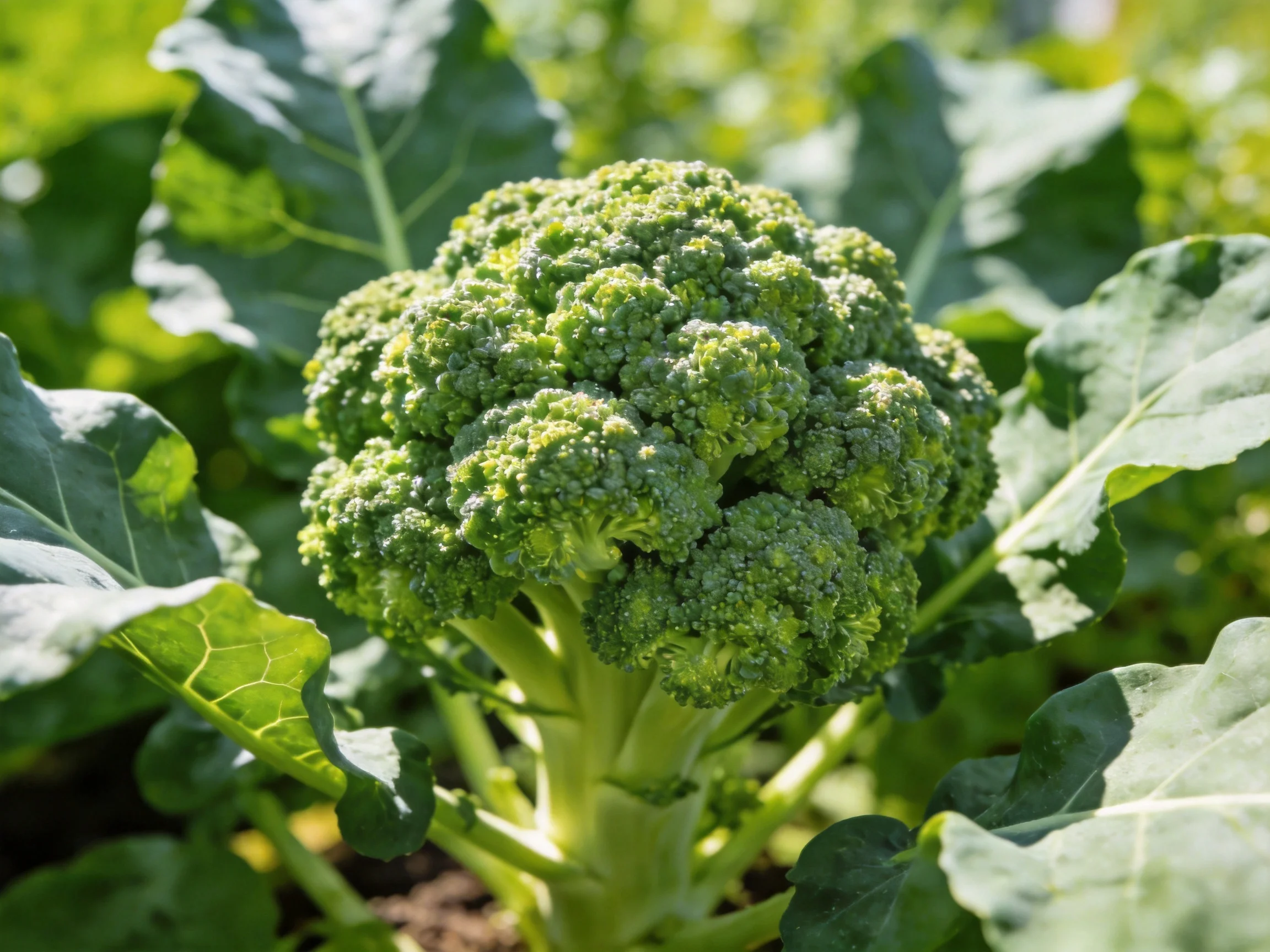 Fresh green broccoli head surrounded by large leafy greens in natural sunlight