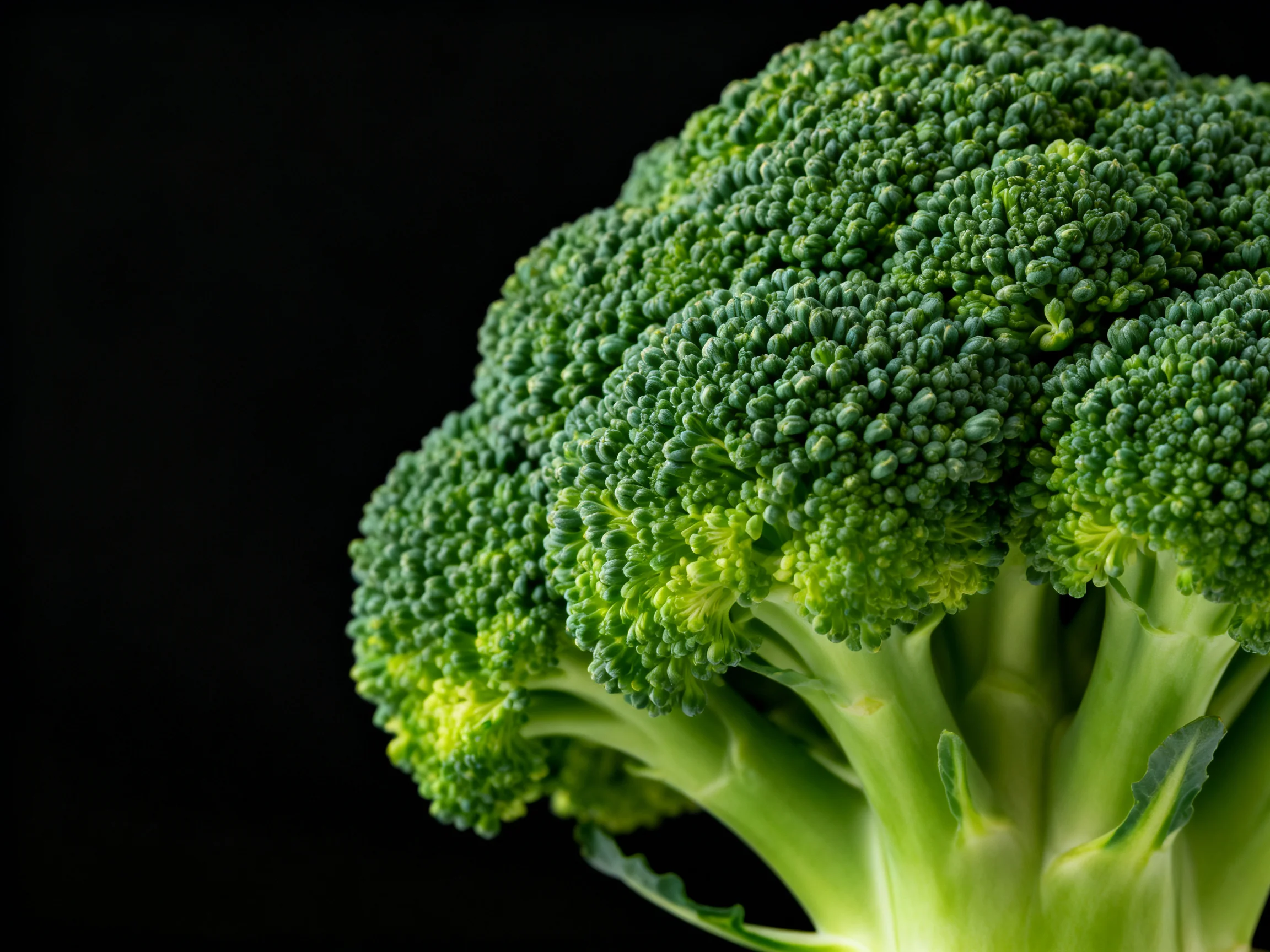Fresh green broccoli head with dense florets against black background