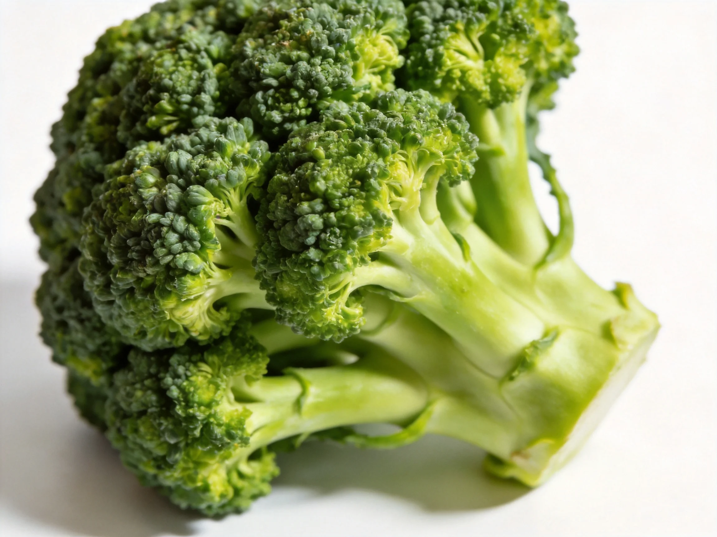 Fresh green broccoli head with dense florets and sturdy stem