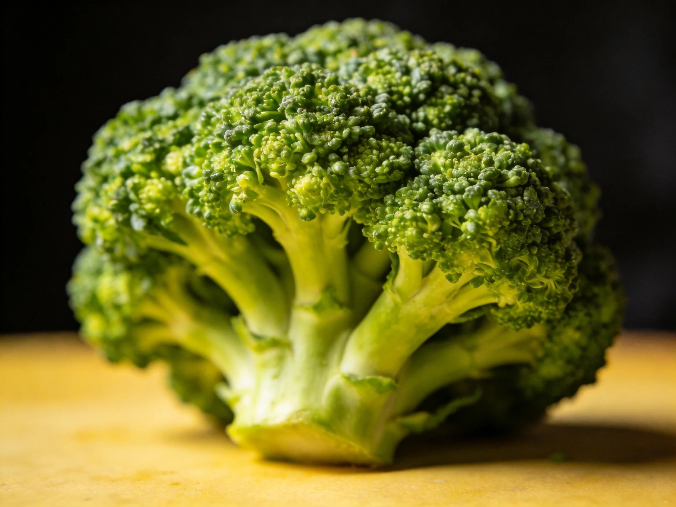 Fresh green broccoli head with dense florets on wooden surface