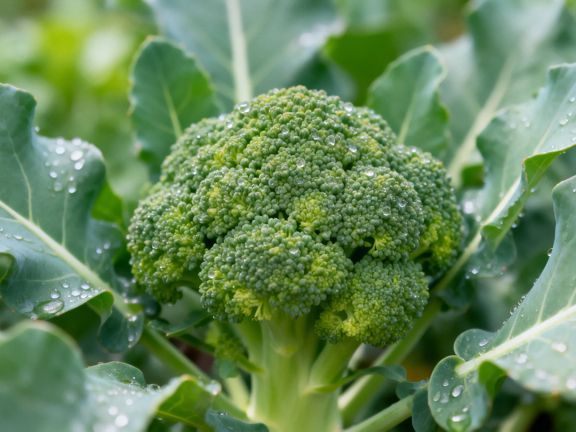 Fresh green broccoli head with dewy leaves and textured florets