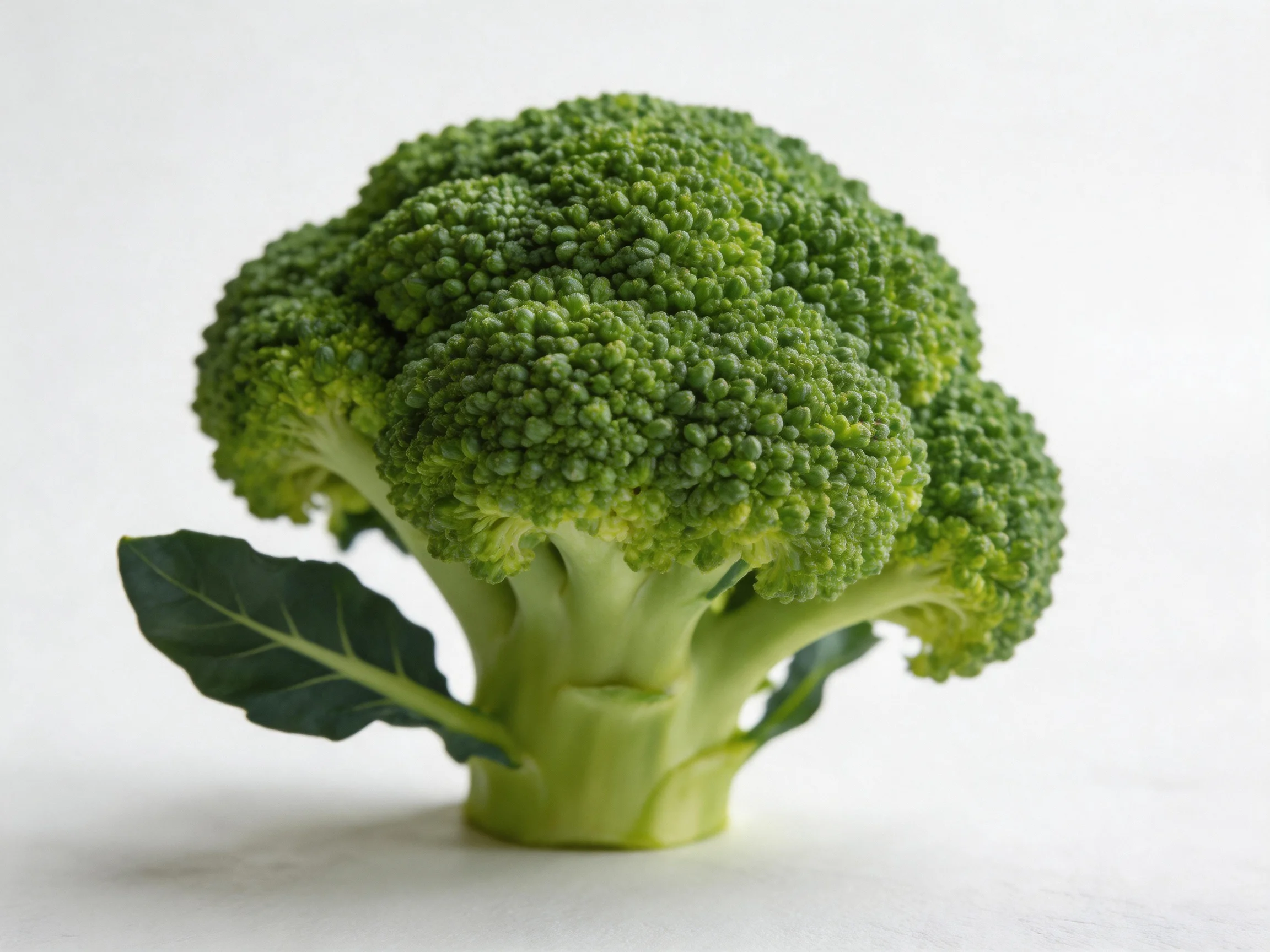Fresh green broccoli head with vibrant florets and leaves