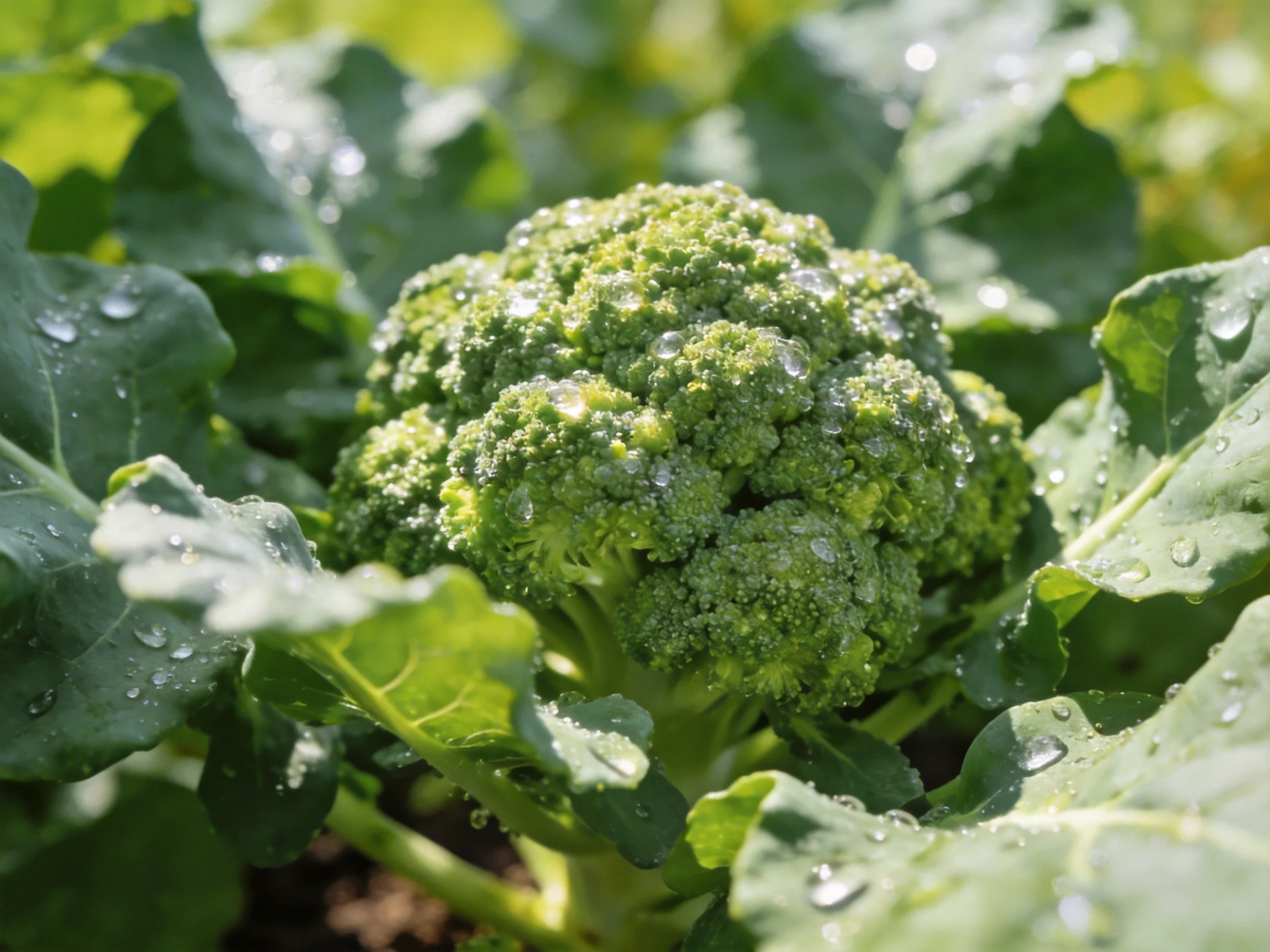 Fresh green broccoli head with water droplets among large leaves