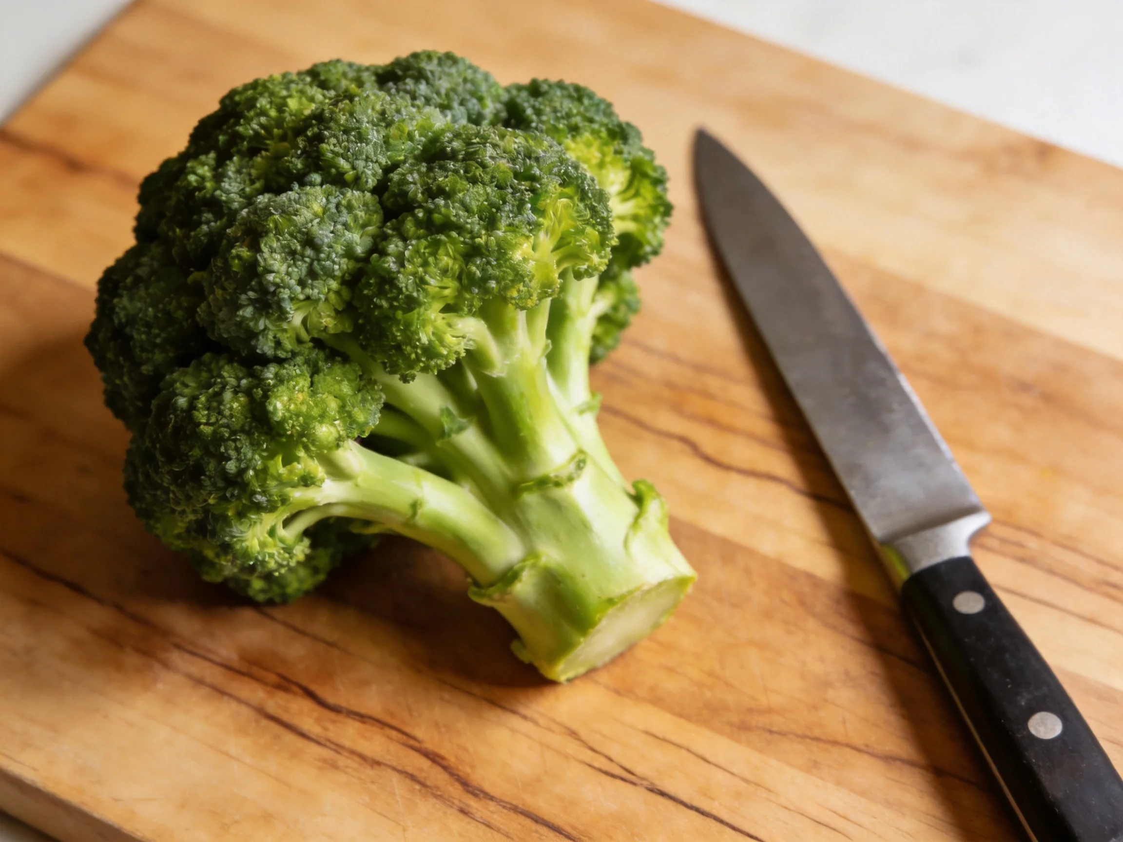 Fresh green broccoli on a wooden cutting board beside a chefs knife