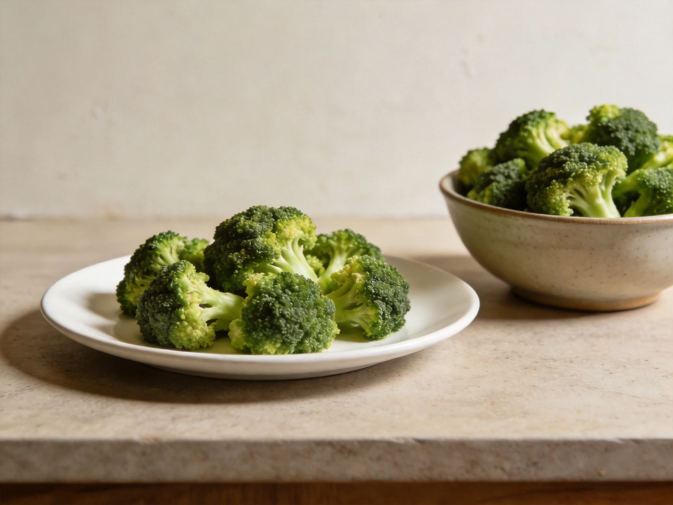 Fresh green broccoli portions served on a plate and in a bowl