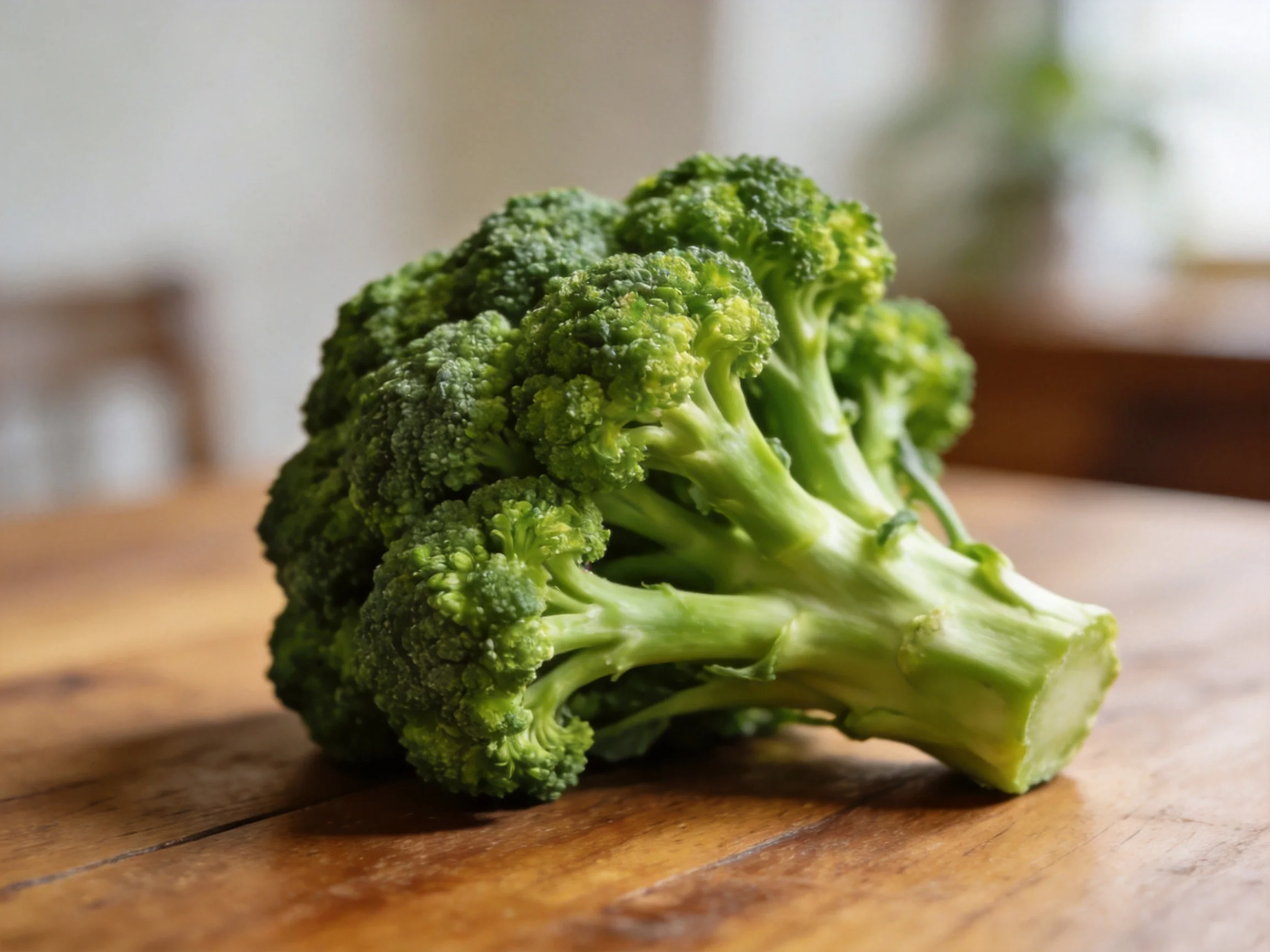 Fresh green broccoli positioned on a wooden table