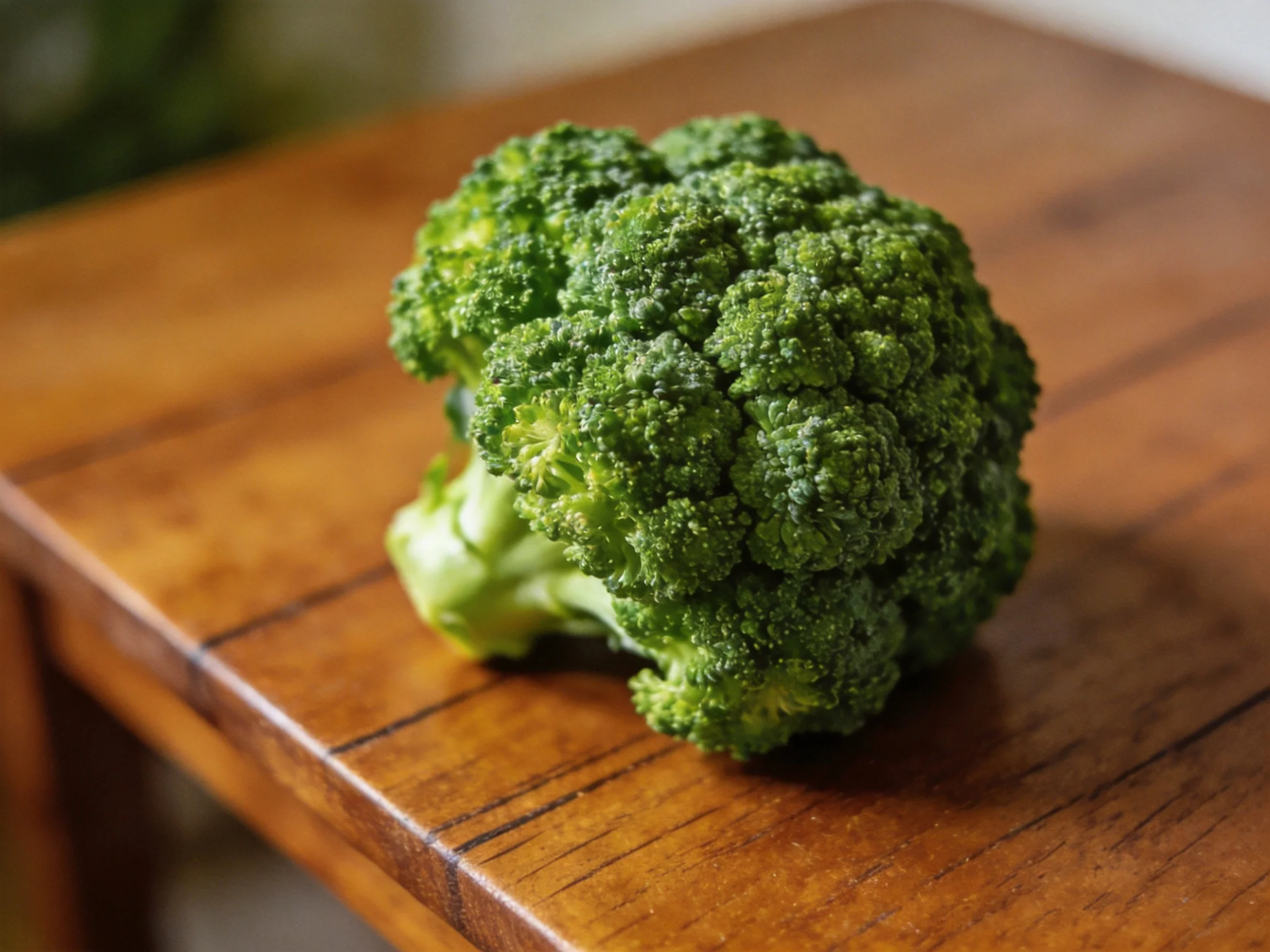 Fresh green broccoli resting on a polished brown wooden table