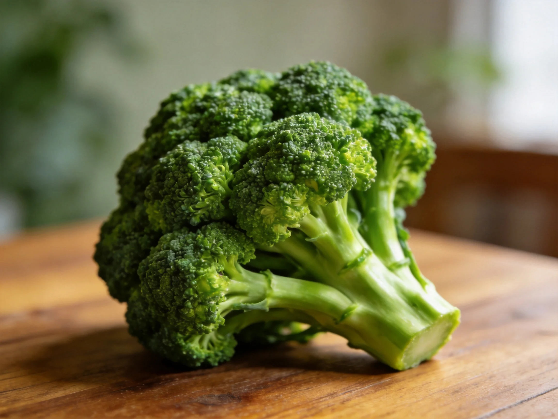 Fresh green broccoli resting on a polished wooden surface