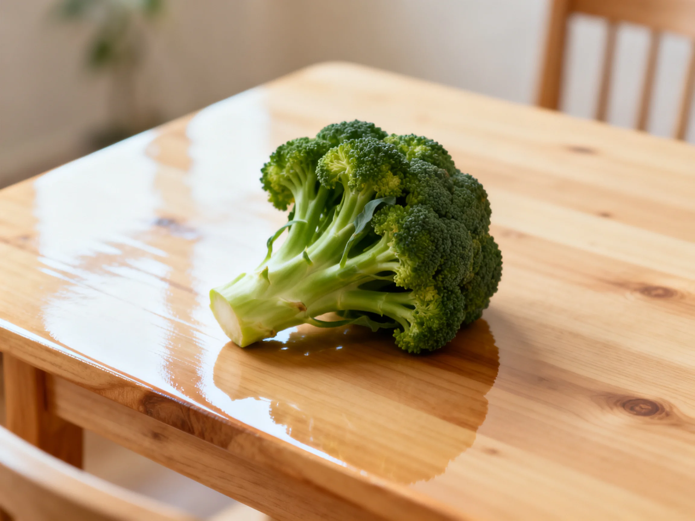 Fresh green broccoli resting on a polished wooden table
