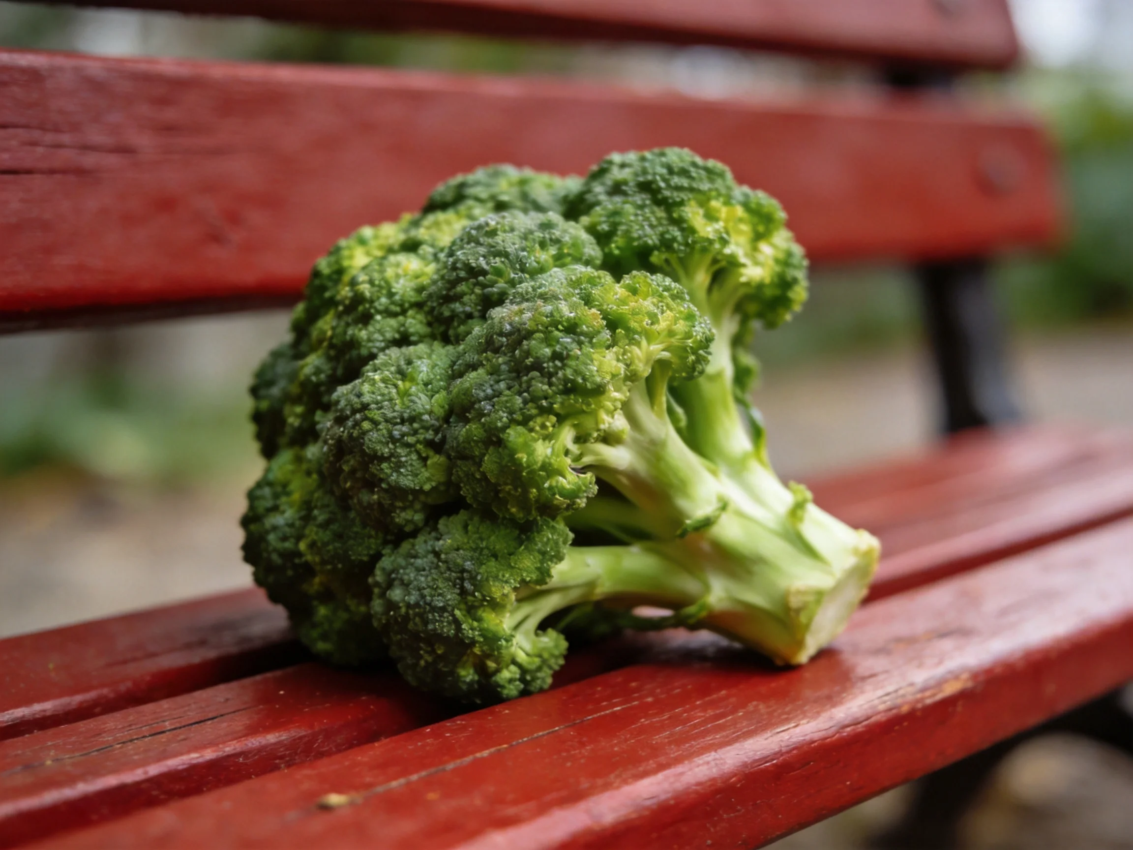Fresh green broccoli resting on a vibrant red wooden park bench