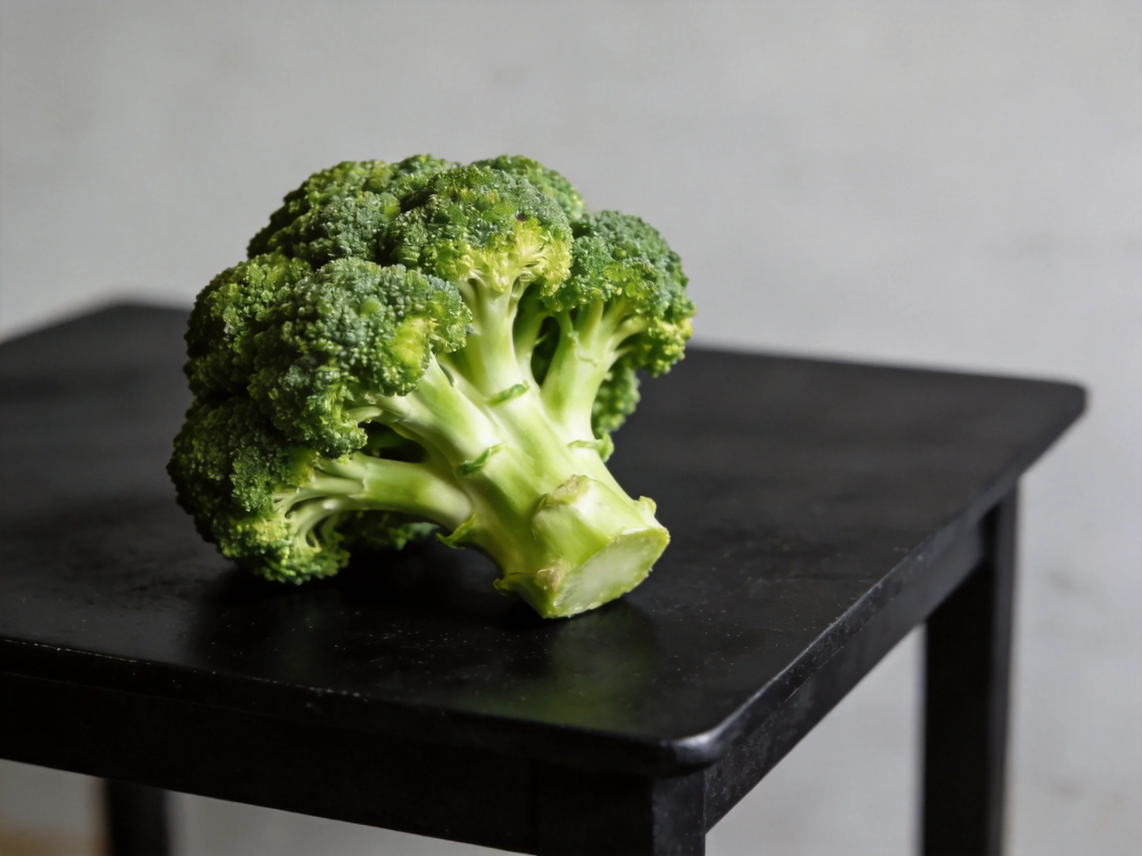 Fresh green broccoli rests on a glossy black table
