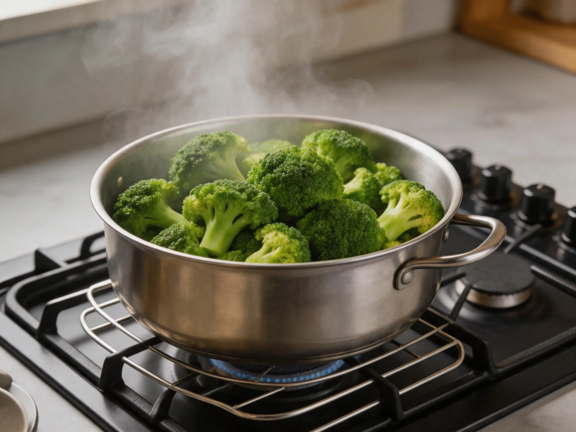 Fresh green broccoli steaming in a stainless steel pot on a lit gas stove