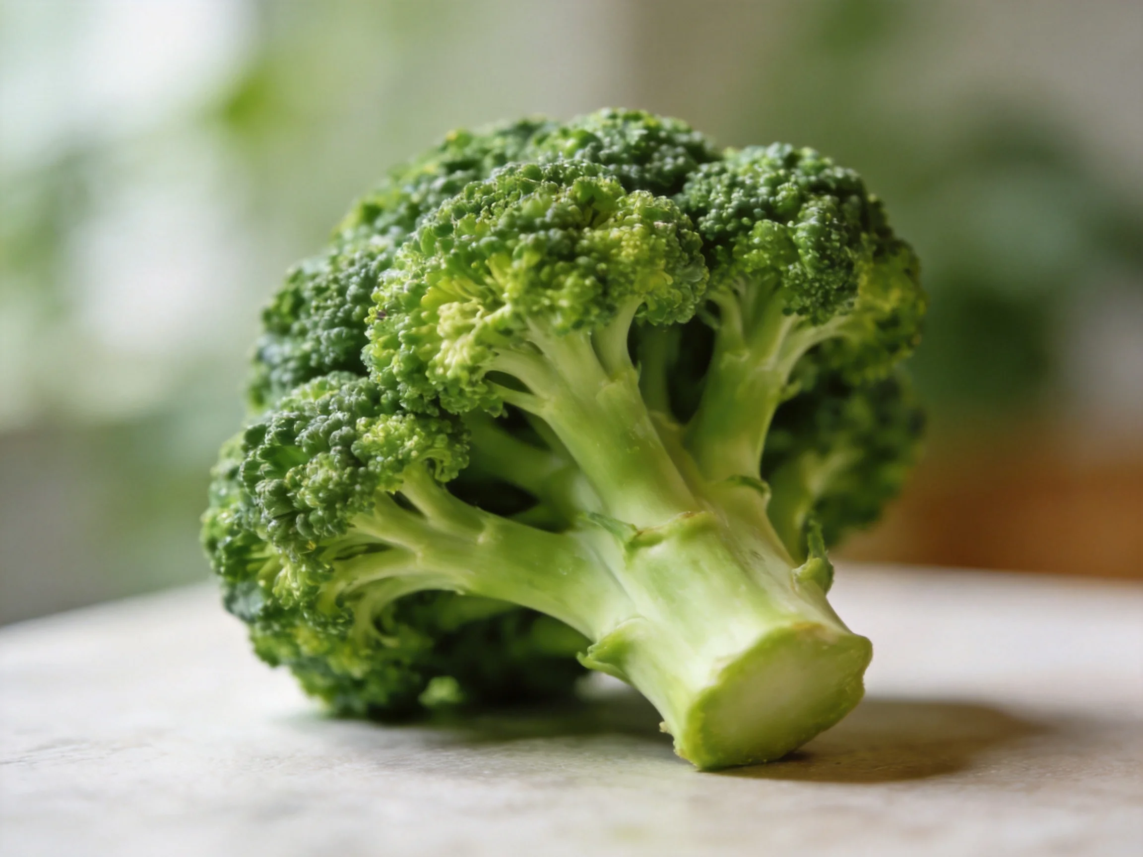 Fresh green broccoli with dense florets and sturdy stem