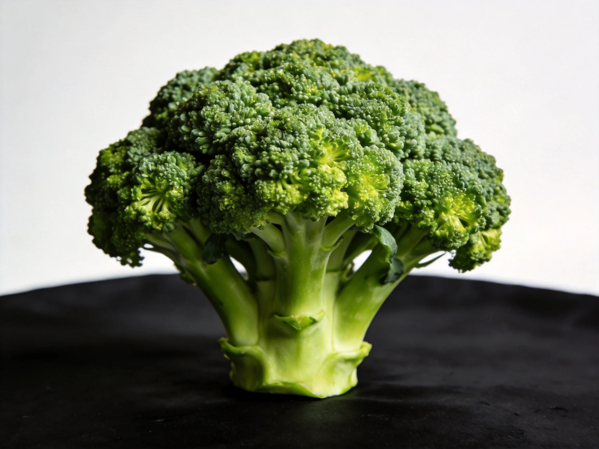 Fresh green broccoli with dense florets on a black surface