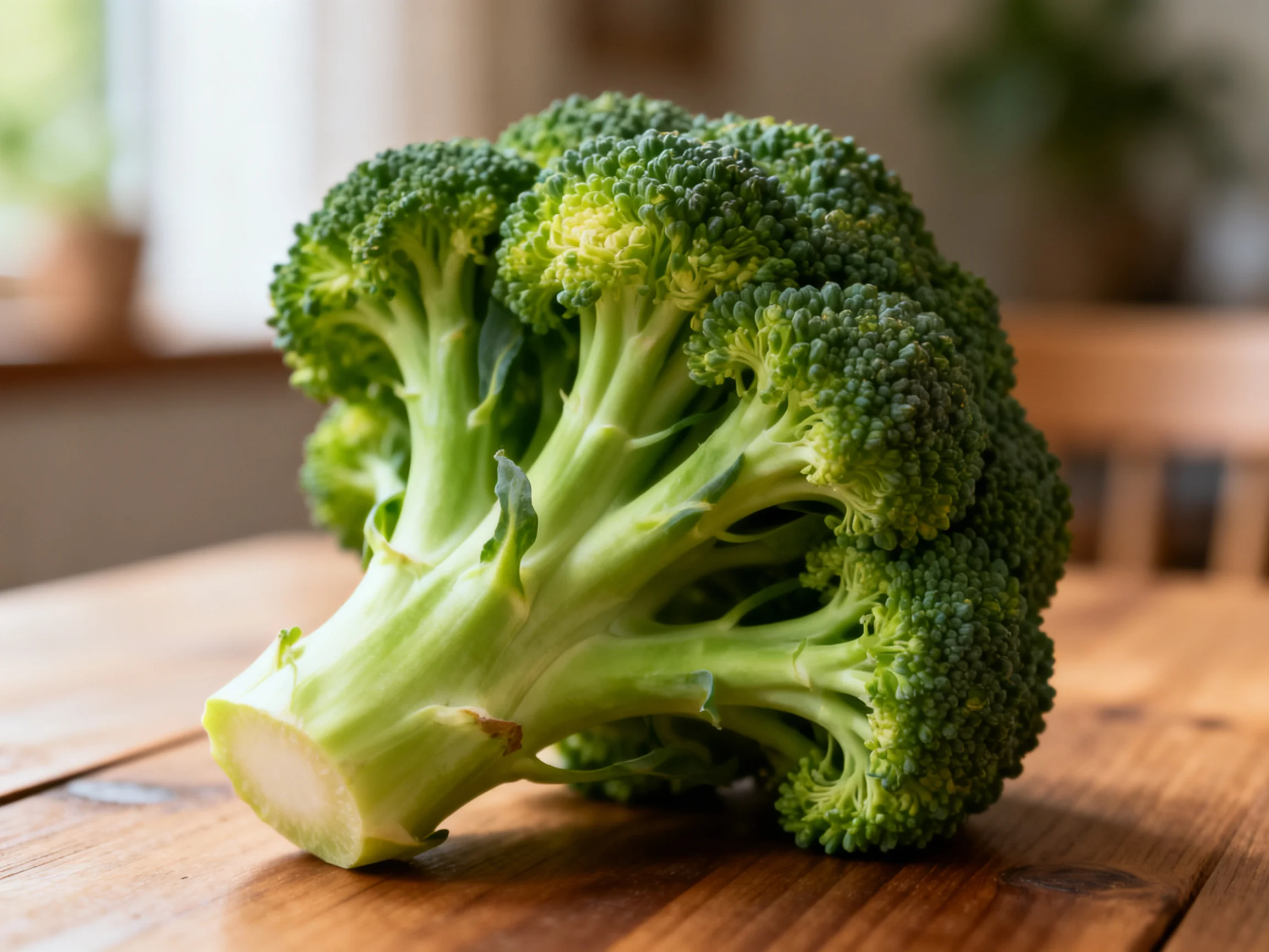 Fresh green broccoli with dense florets on a wooden table
