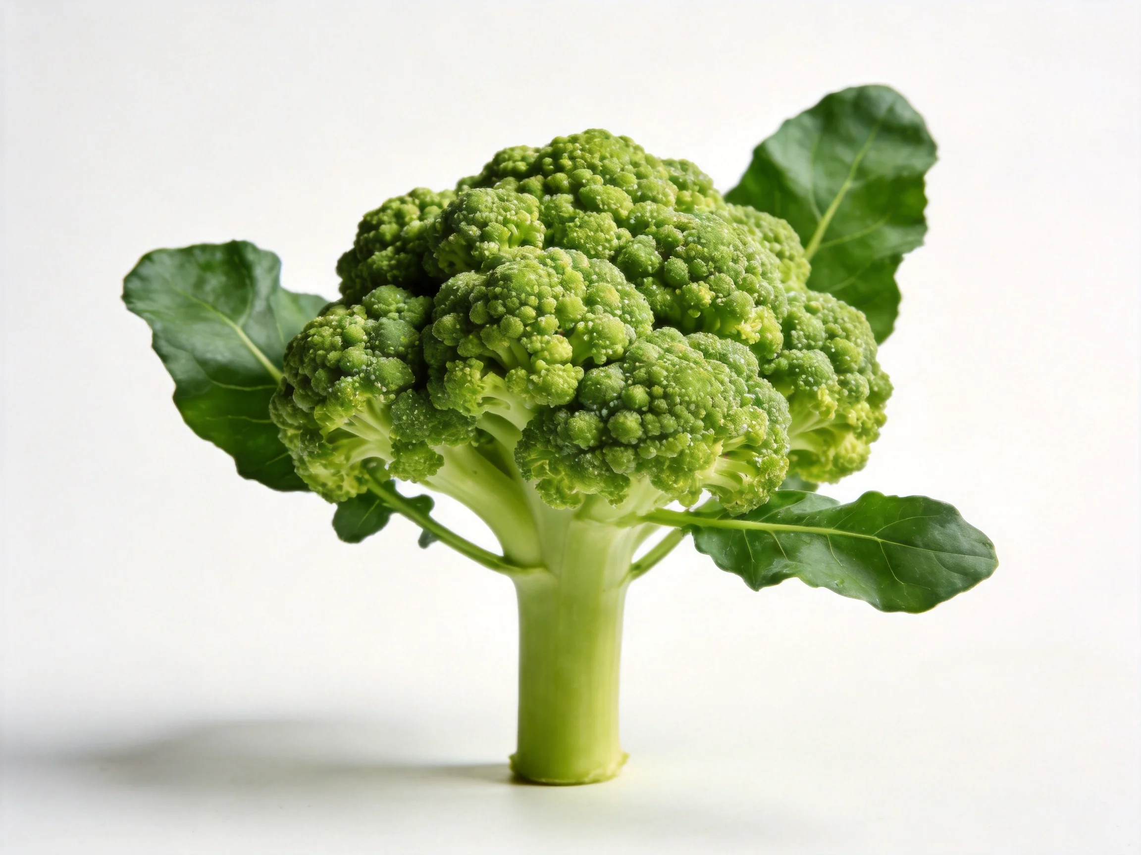 Fresh green broccoli with large leaves against white background