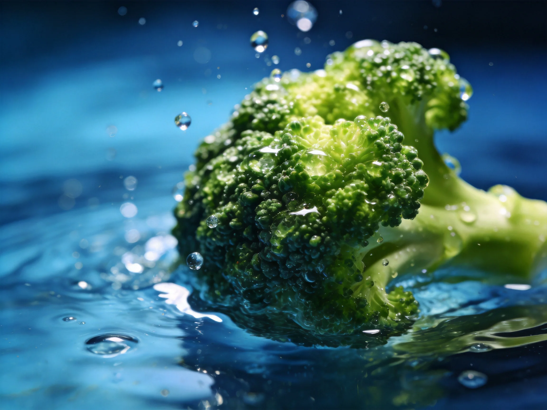 Fresh green broccoli with water droplets in blue liquid