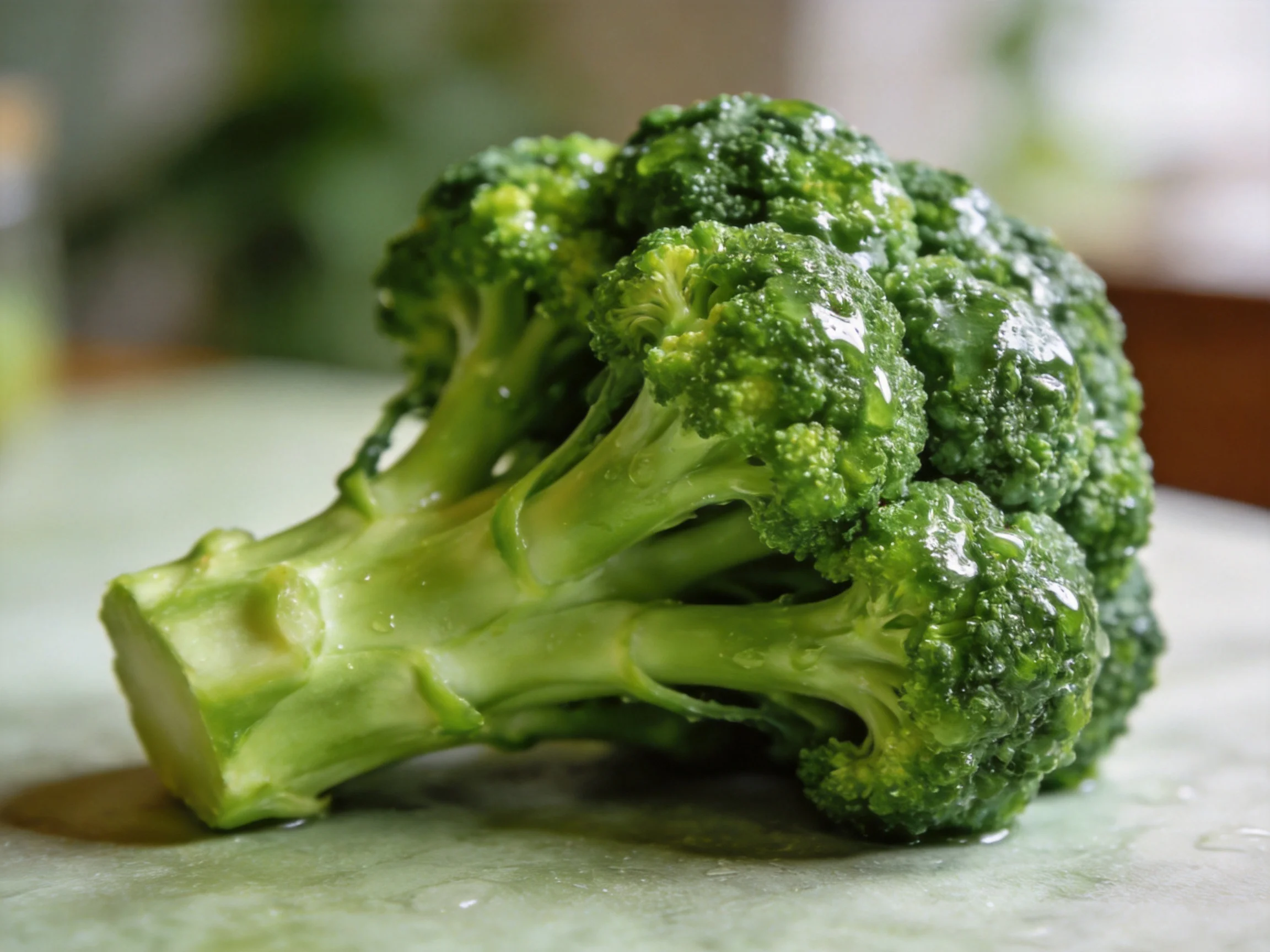 Fresh green broccoli with water droplets on a light surface