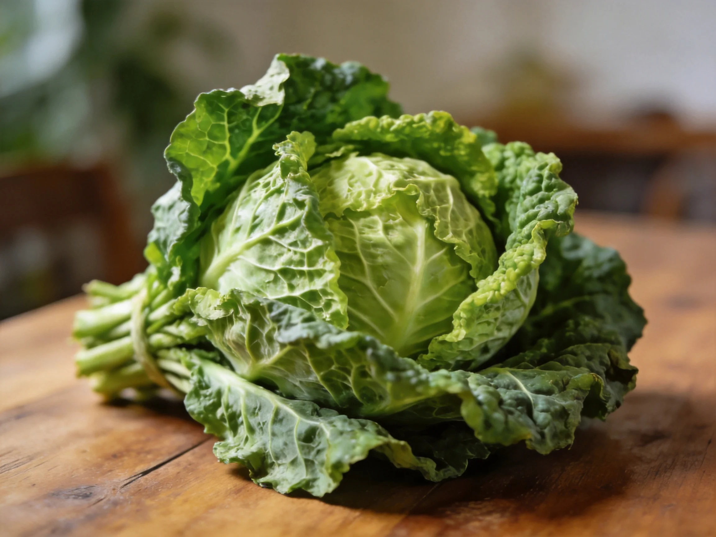 Fresh green cabbage bundle resting on rustic wooden surface