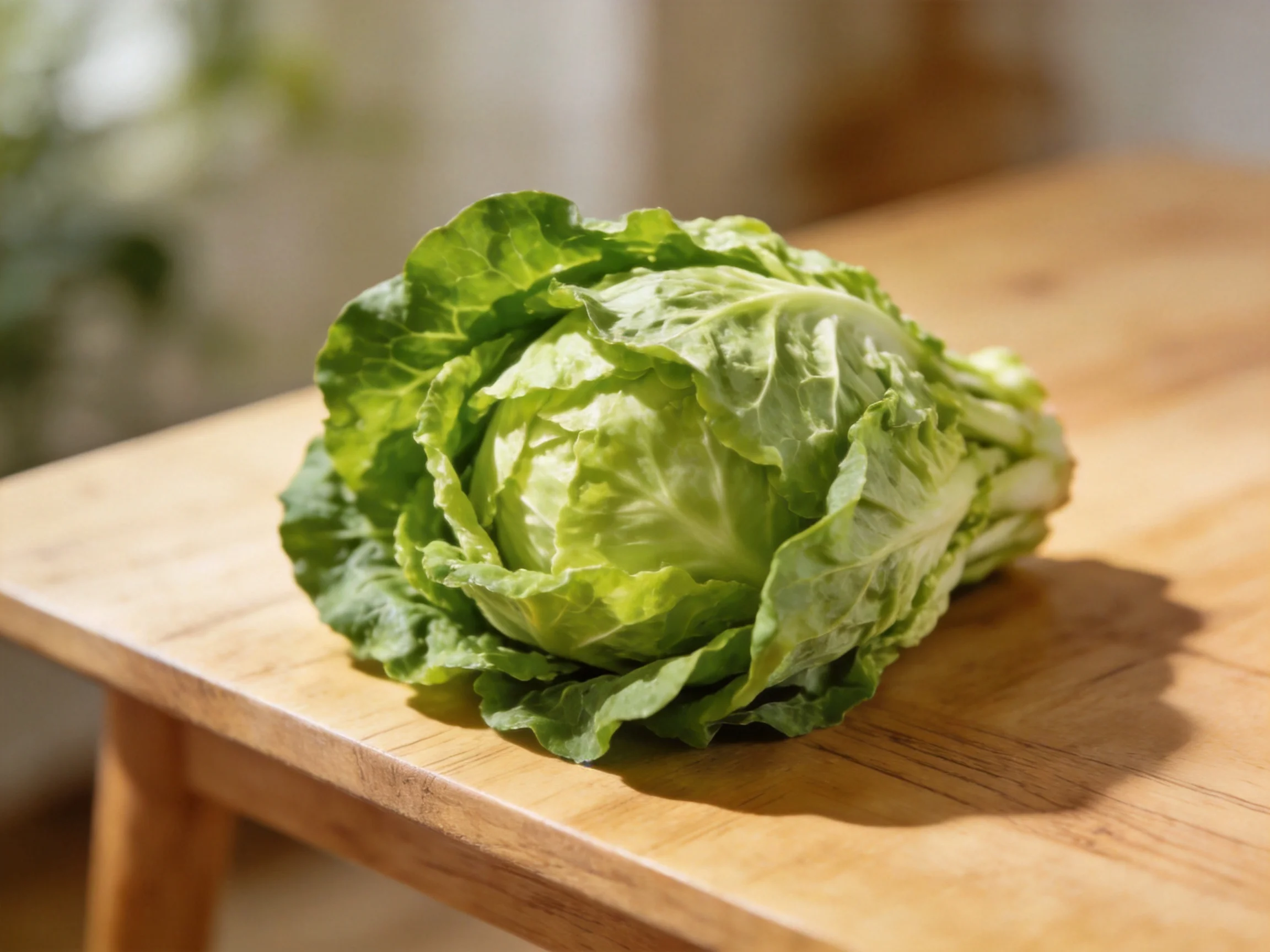 Fresh green cabbage resting on a polished wooden table