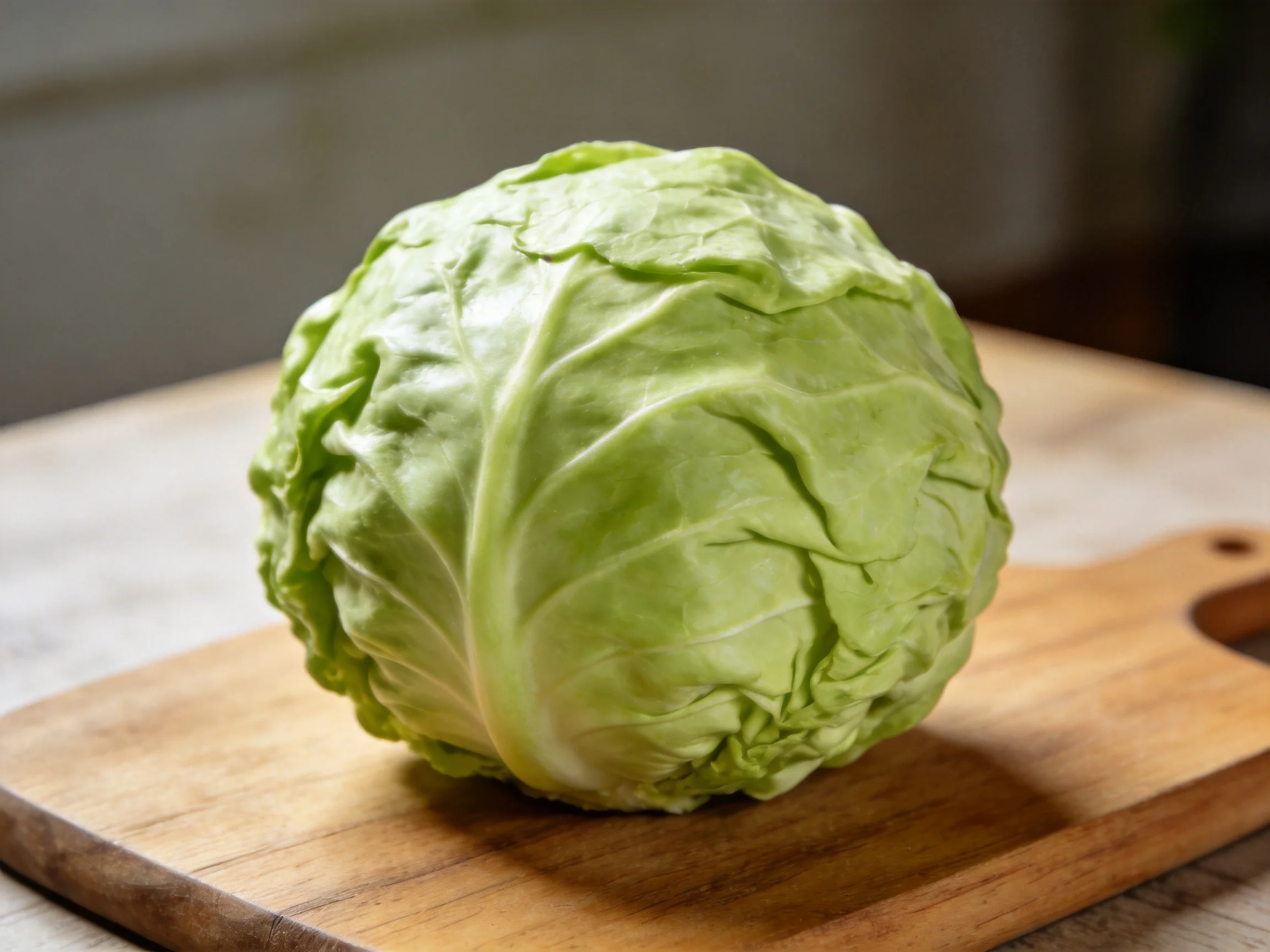 Fresh green cabbage resting on a wooden cutting board