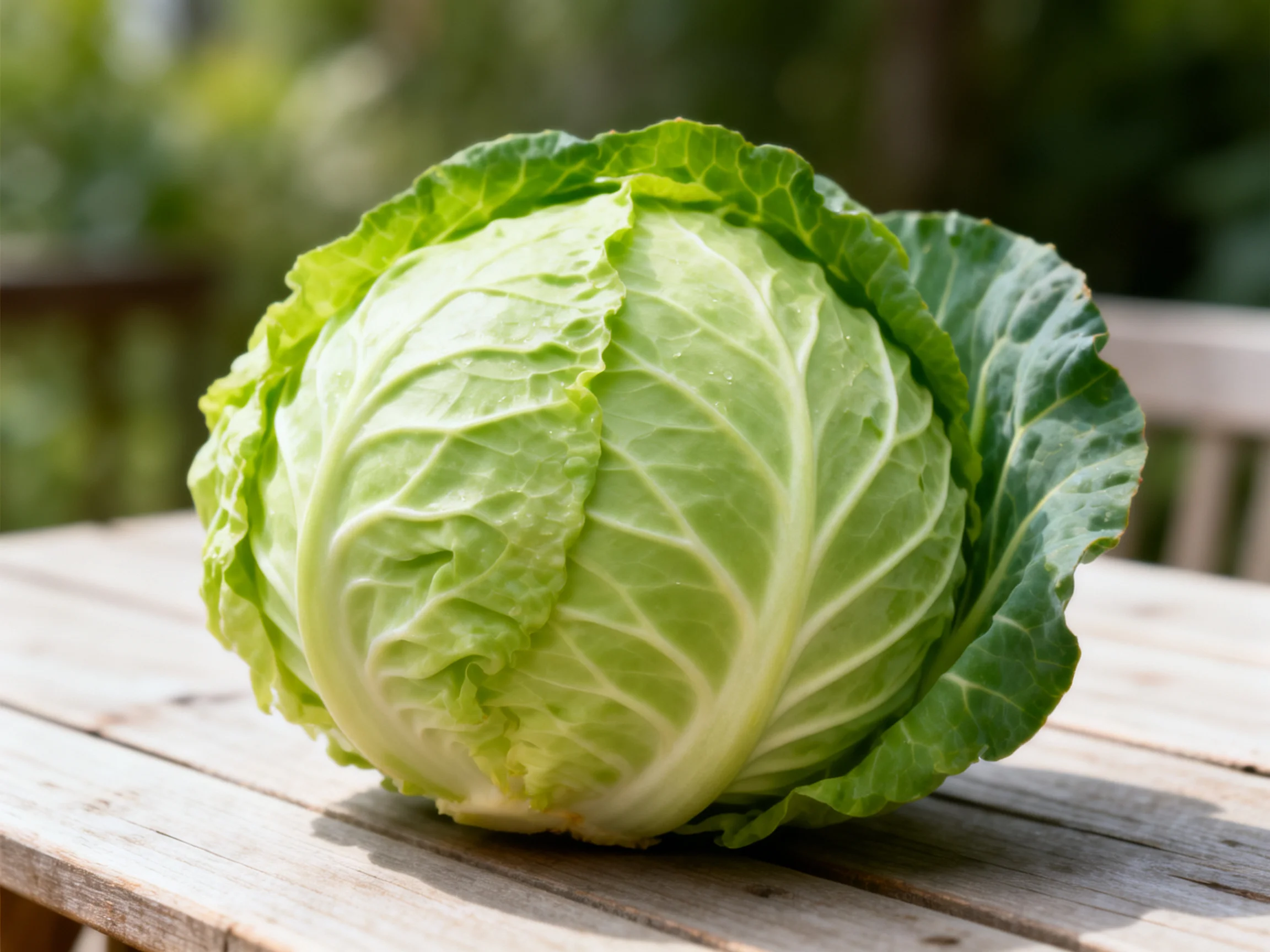 Fresh green cabbage resting on aged wooden table