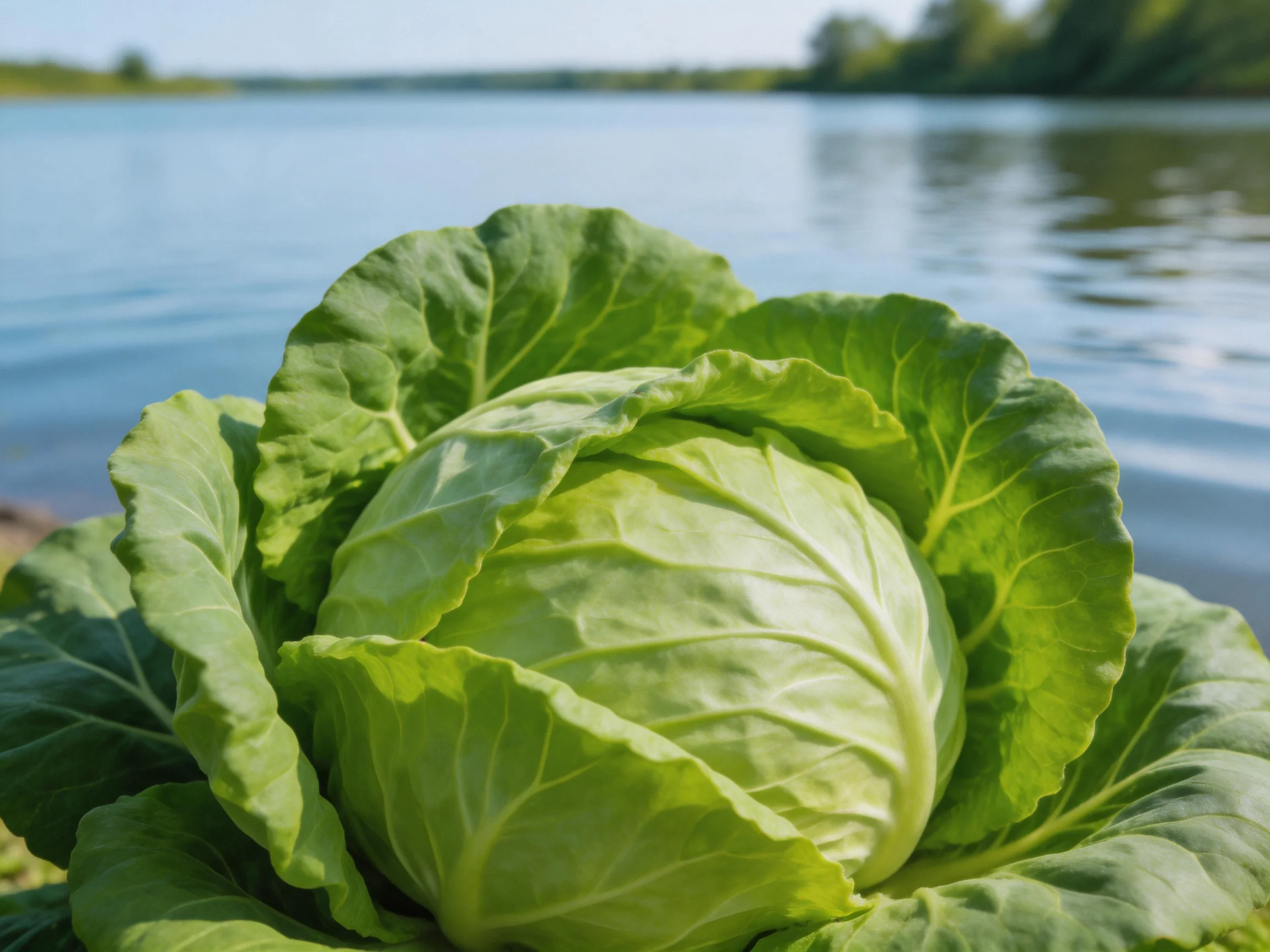 Fresh green cabbage with broad leaves near a calm blue lake
