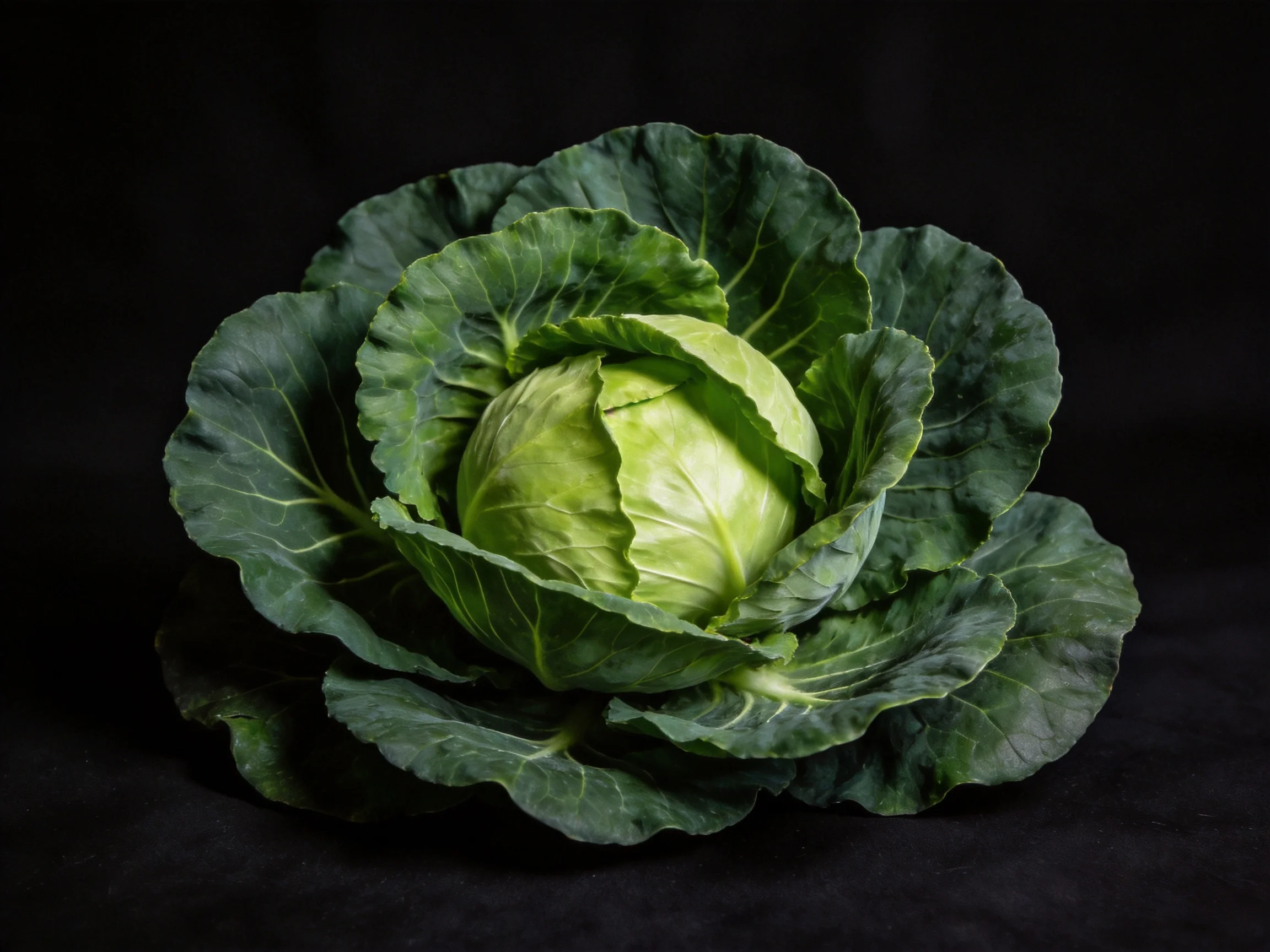 Fresh green cabbage with broad textured leaves against dark background
