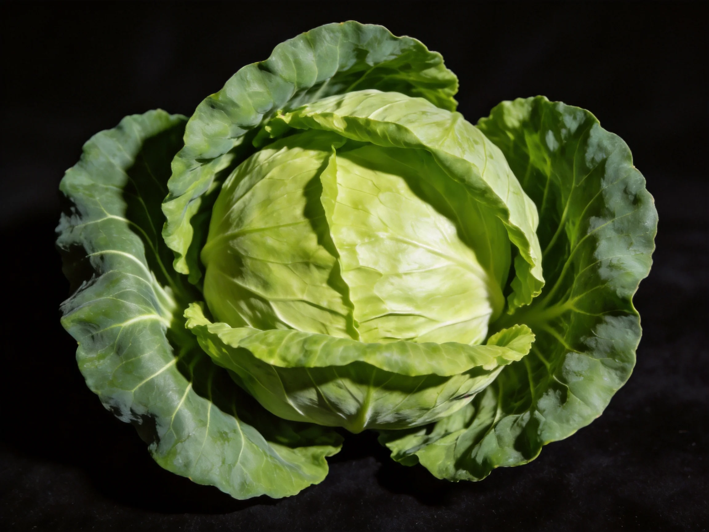 Fresh green cabbage with broad textured leaves set against a dark backdrop