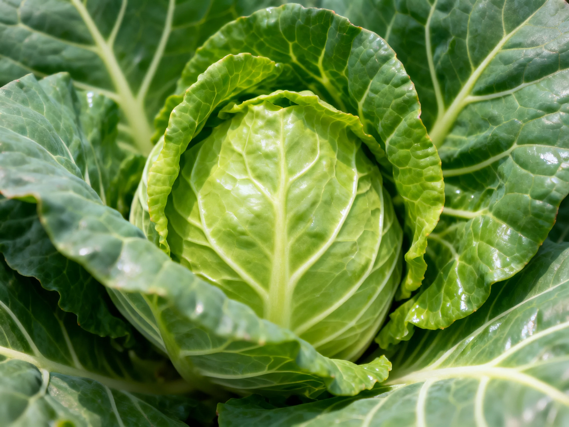 Fresh green cabbage with broad veined leaves
