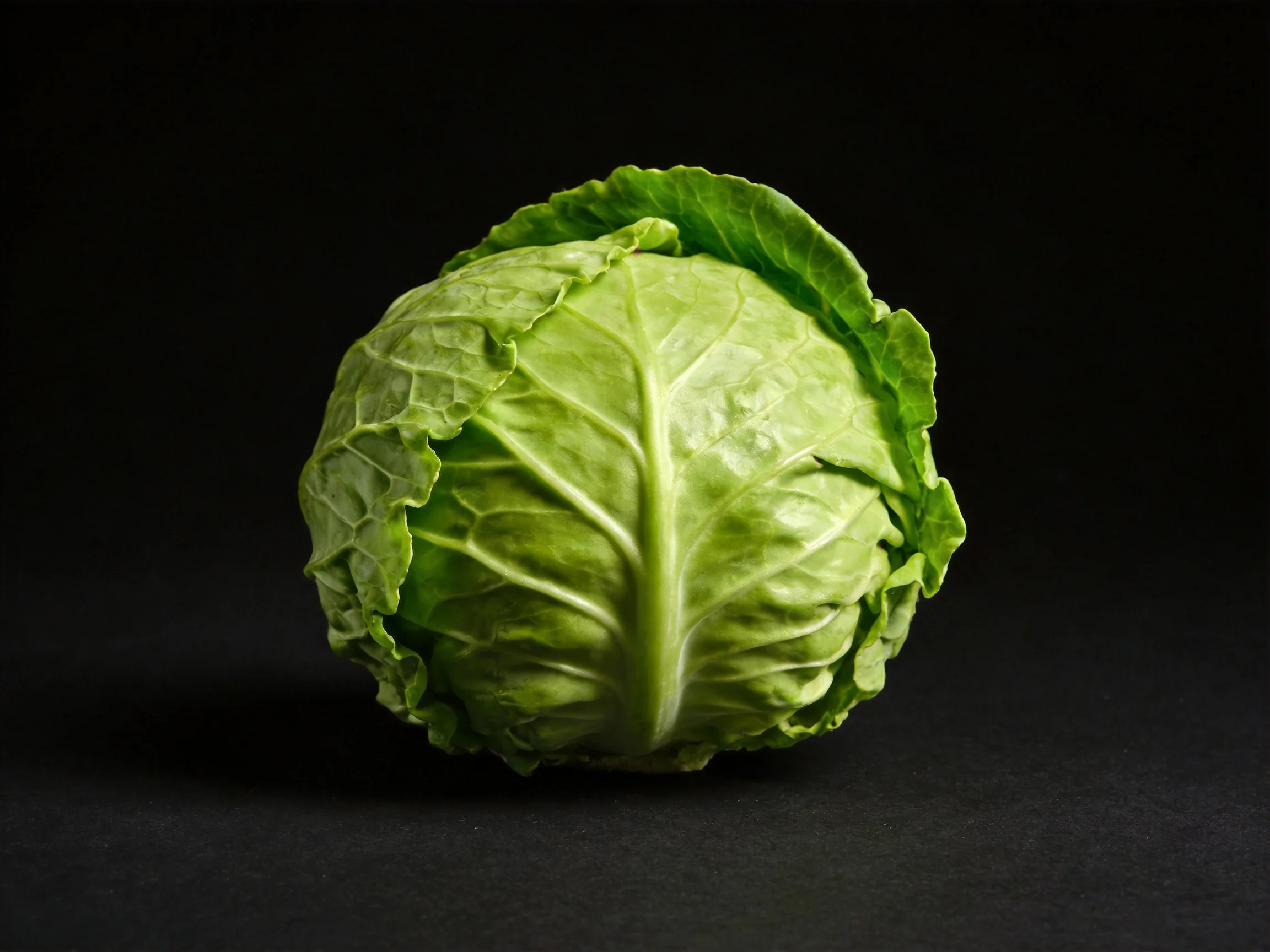 Fresh green cabbage with crisp leaves on a black background