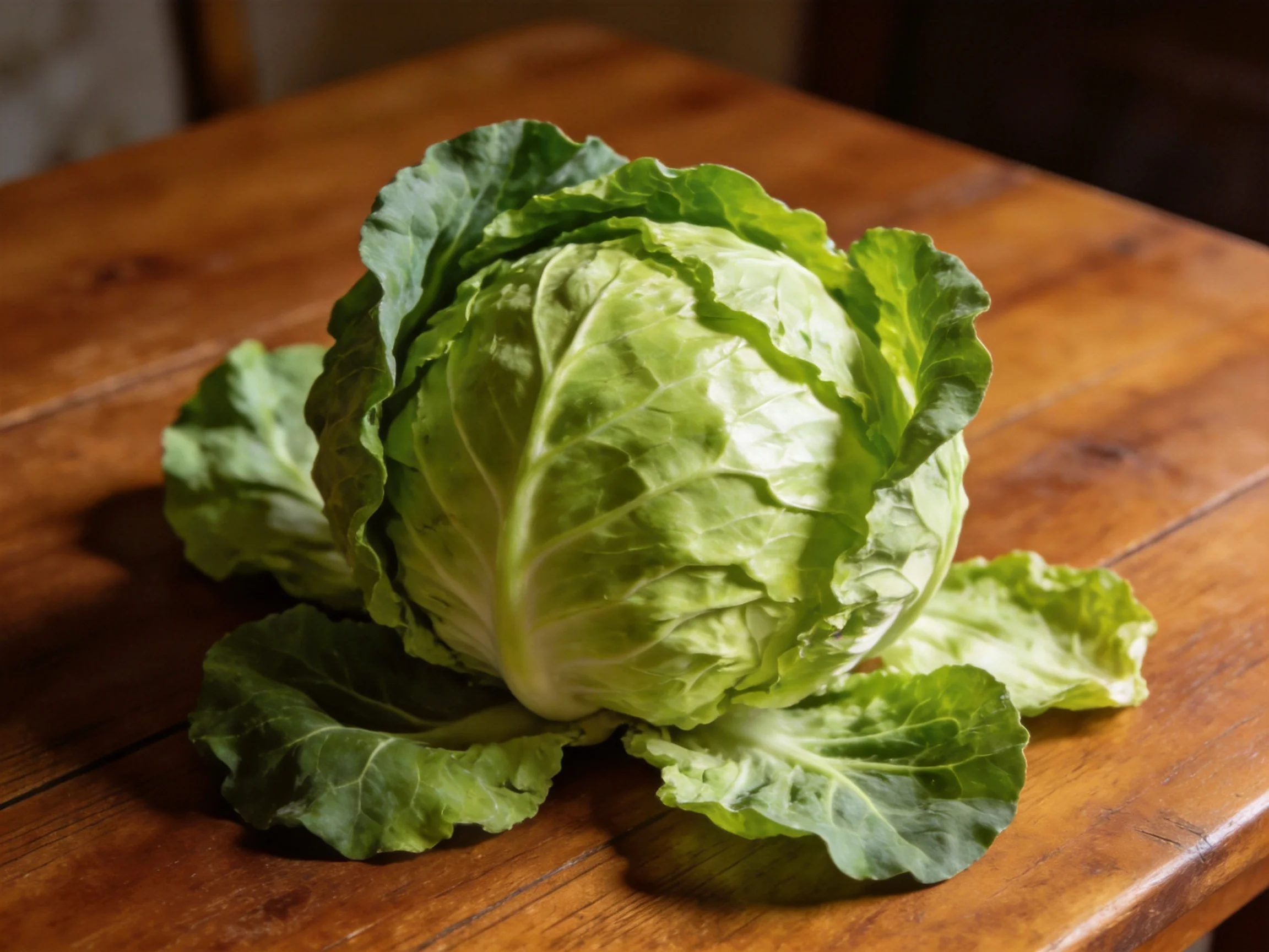 Fresh green cabbage with crisp leaves on a polished wooden table
