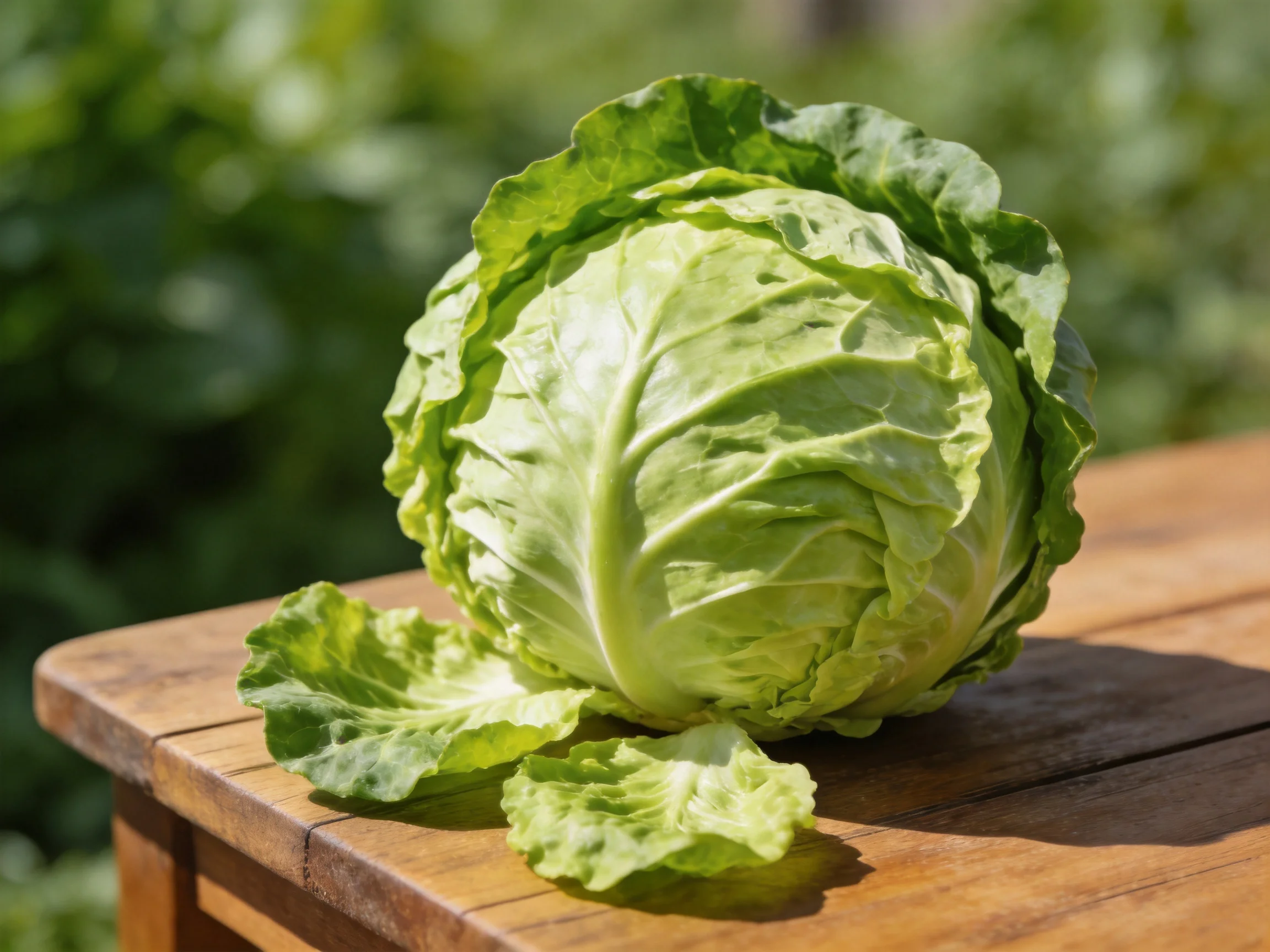 Fresh green cabbage with crisp leaves on a wooden table outdoors