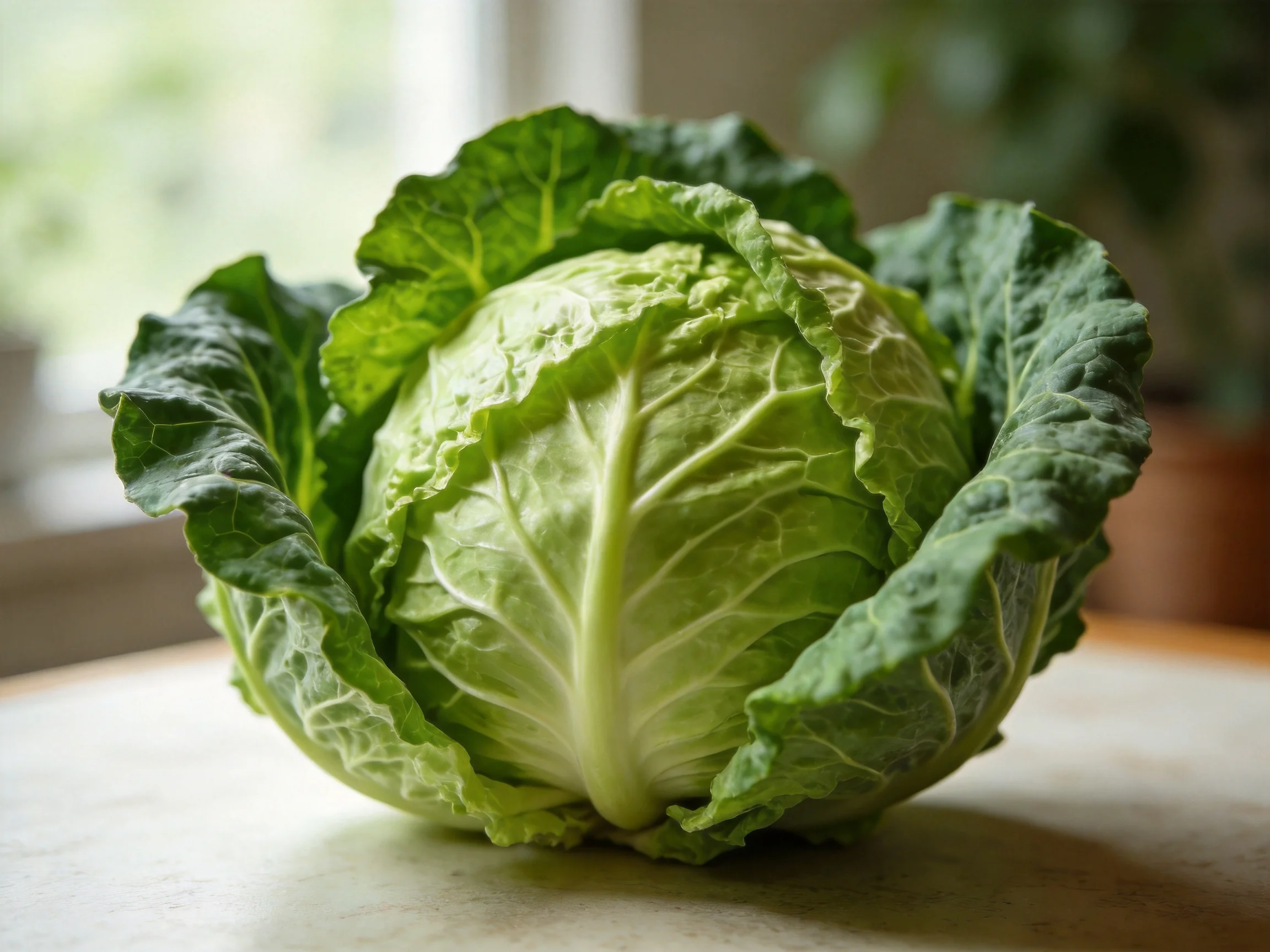 Fresh green cabbage with crisp outer leaves on a light surface